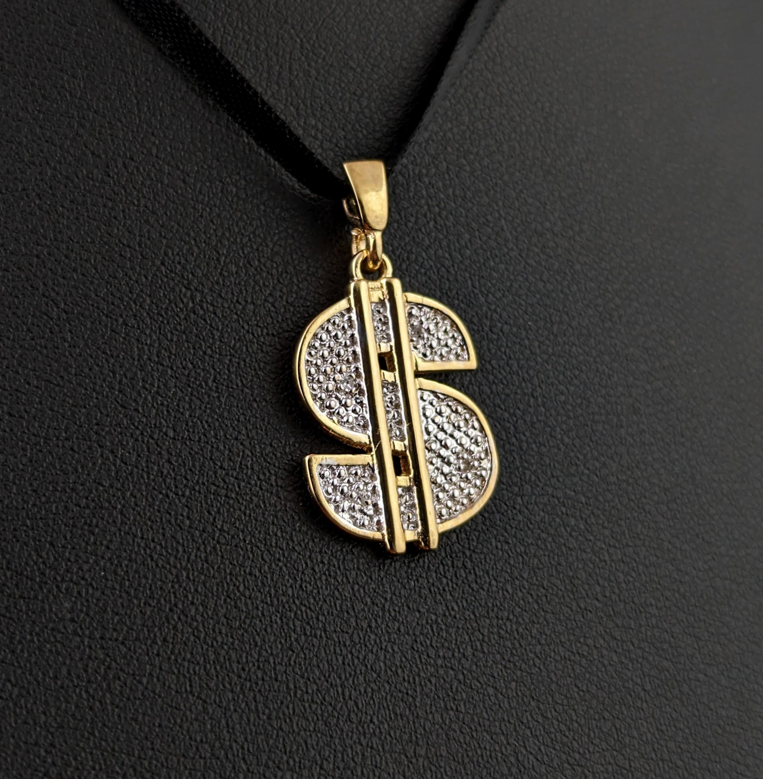 Modern Vintage 9k gold Diamond Dollar sign pendant For Sale