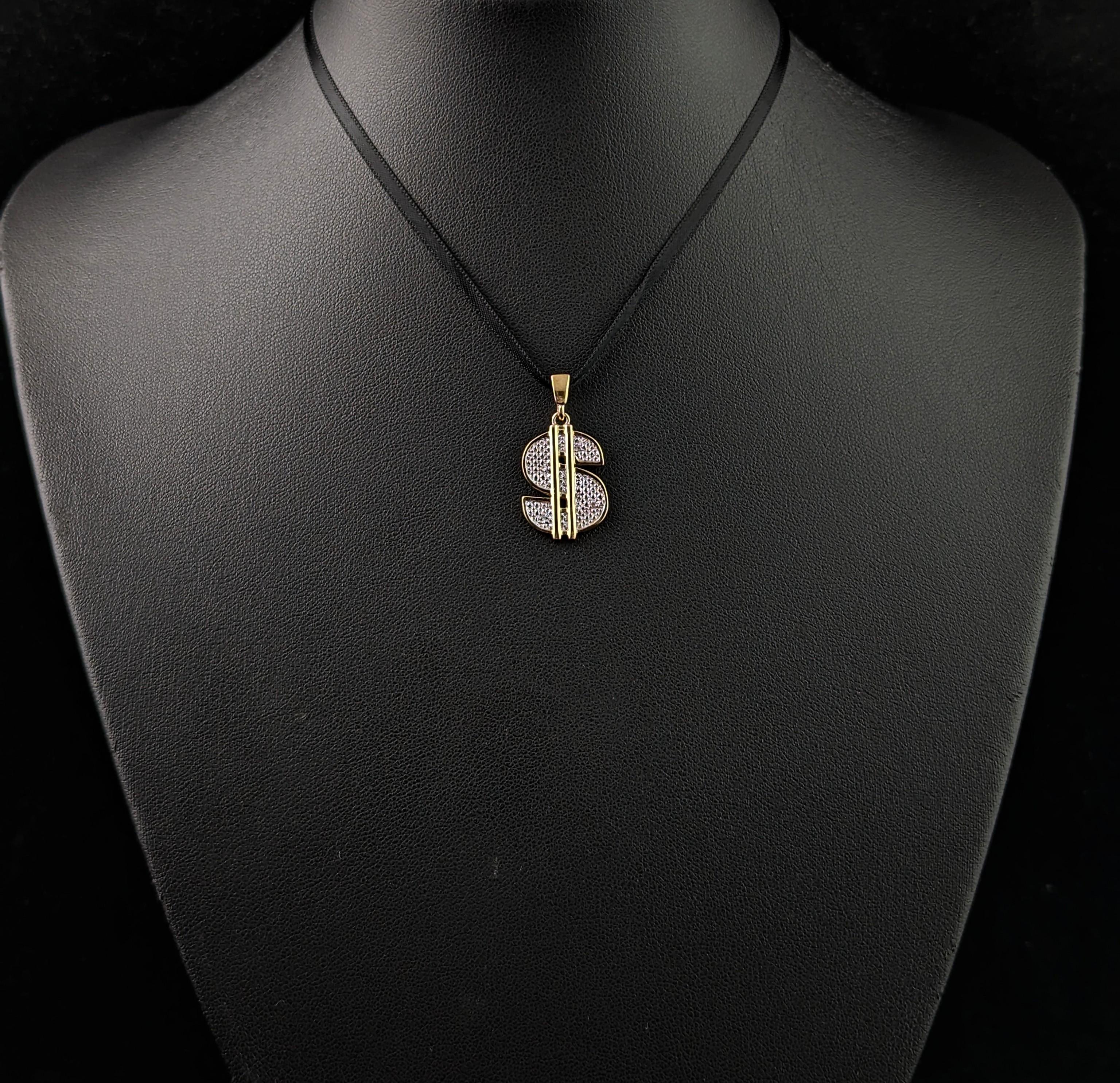 Single Cut Vintage 9k gold Diamond Dollar sign pendant For Sale