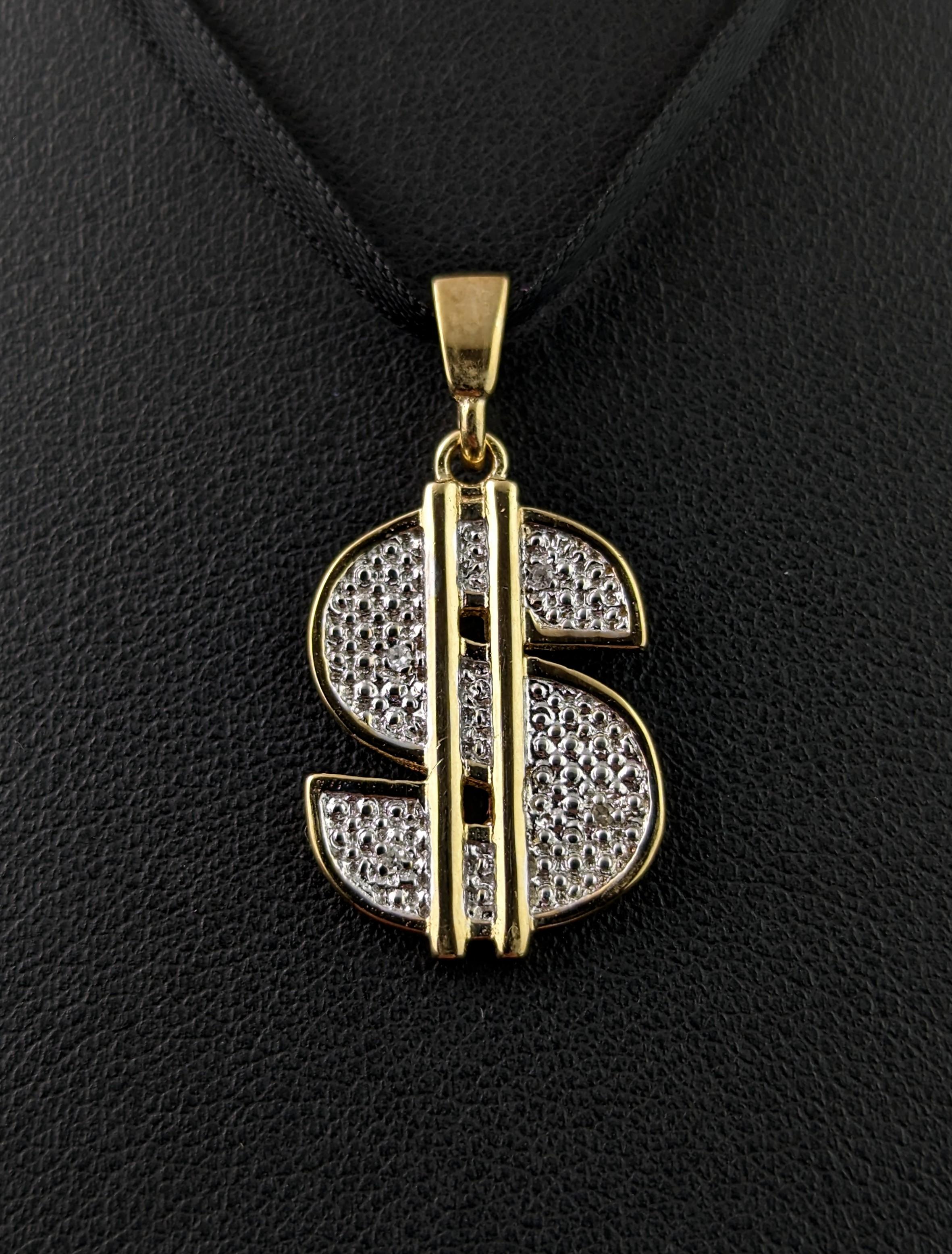 Women's or Men's Vintage 9k gold Diamond Dollar sign pendant For Sale