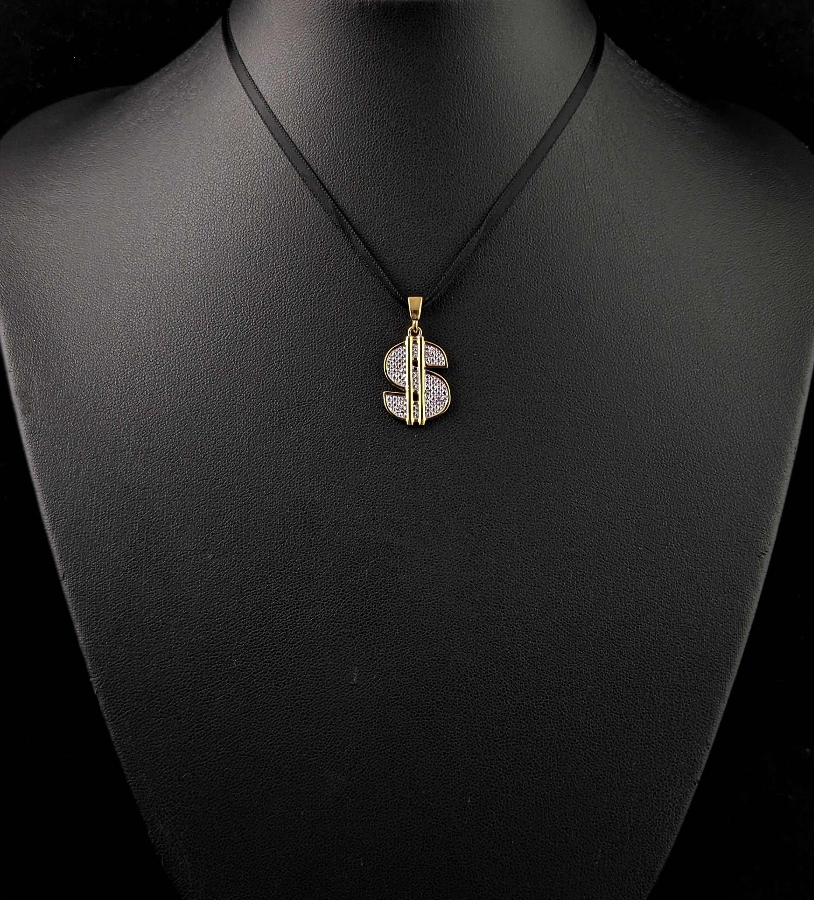 Vintage 9k gold Diamond Dollar sign pendant For Sale 1