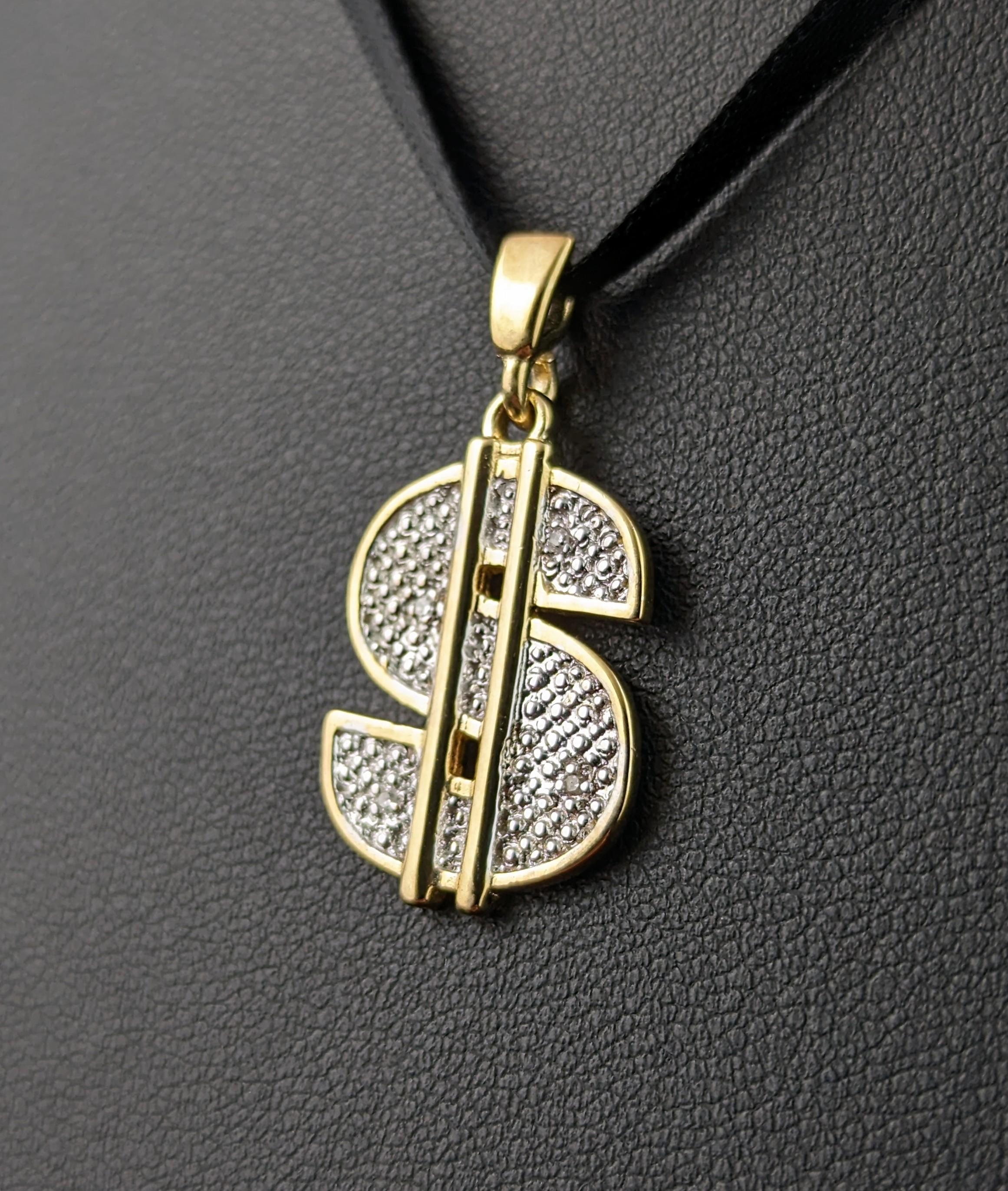 Vintage 9k gold Diamond Dollar sign pendant For Sale 3