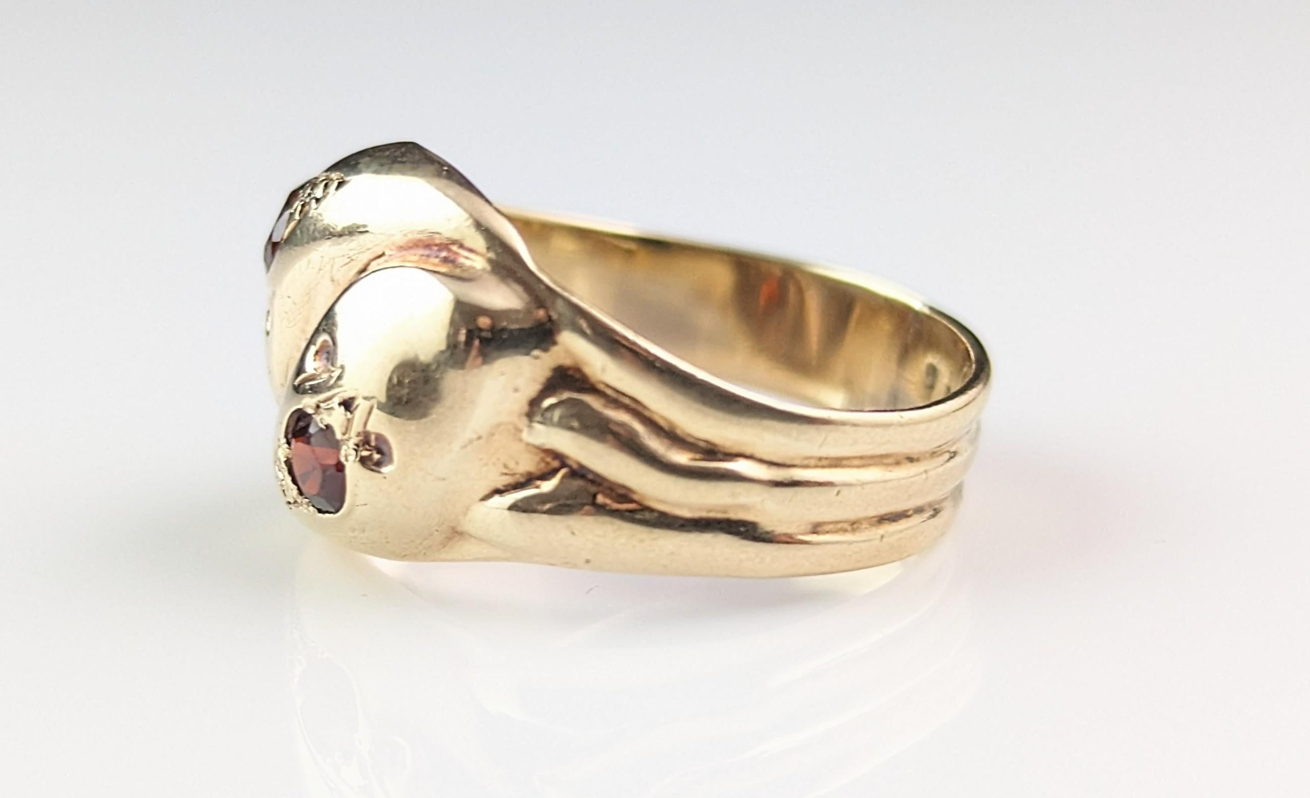 Vintage 9k gold double snake ring, Garnet, Victorian style  5