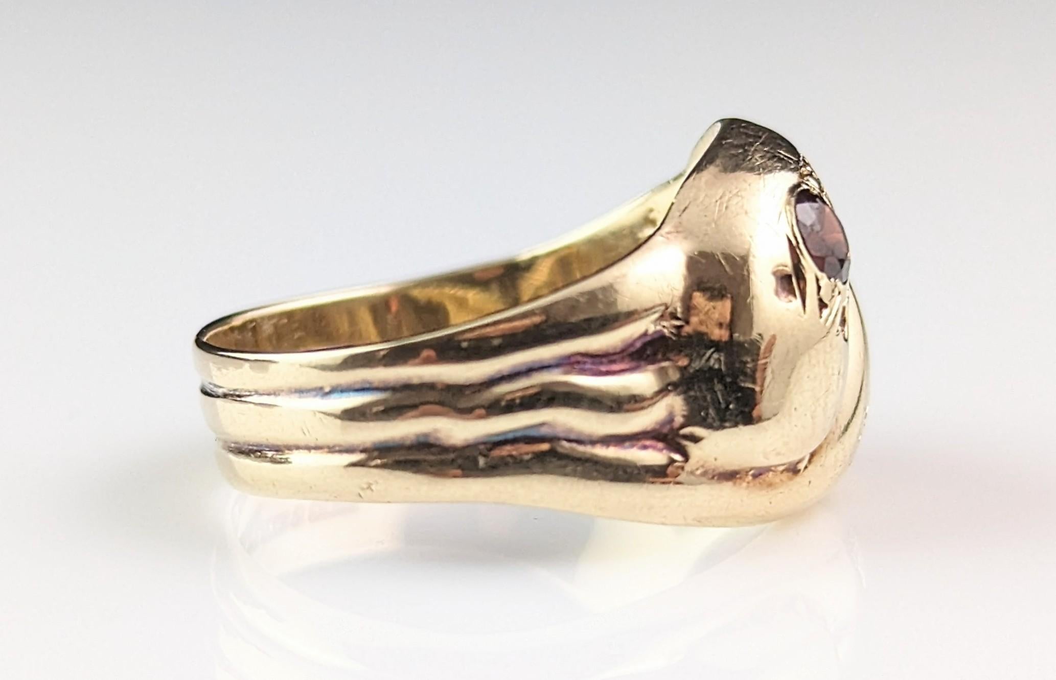 Vintage 9k gold double snake ring, Garnet, Victorian style  7
