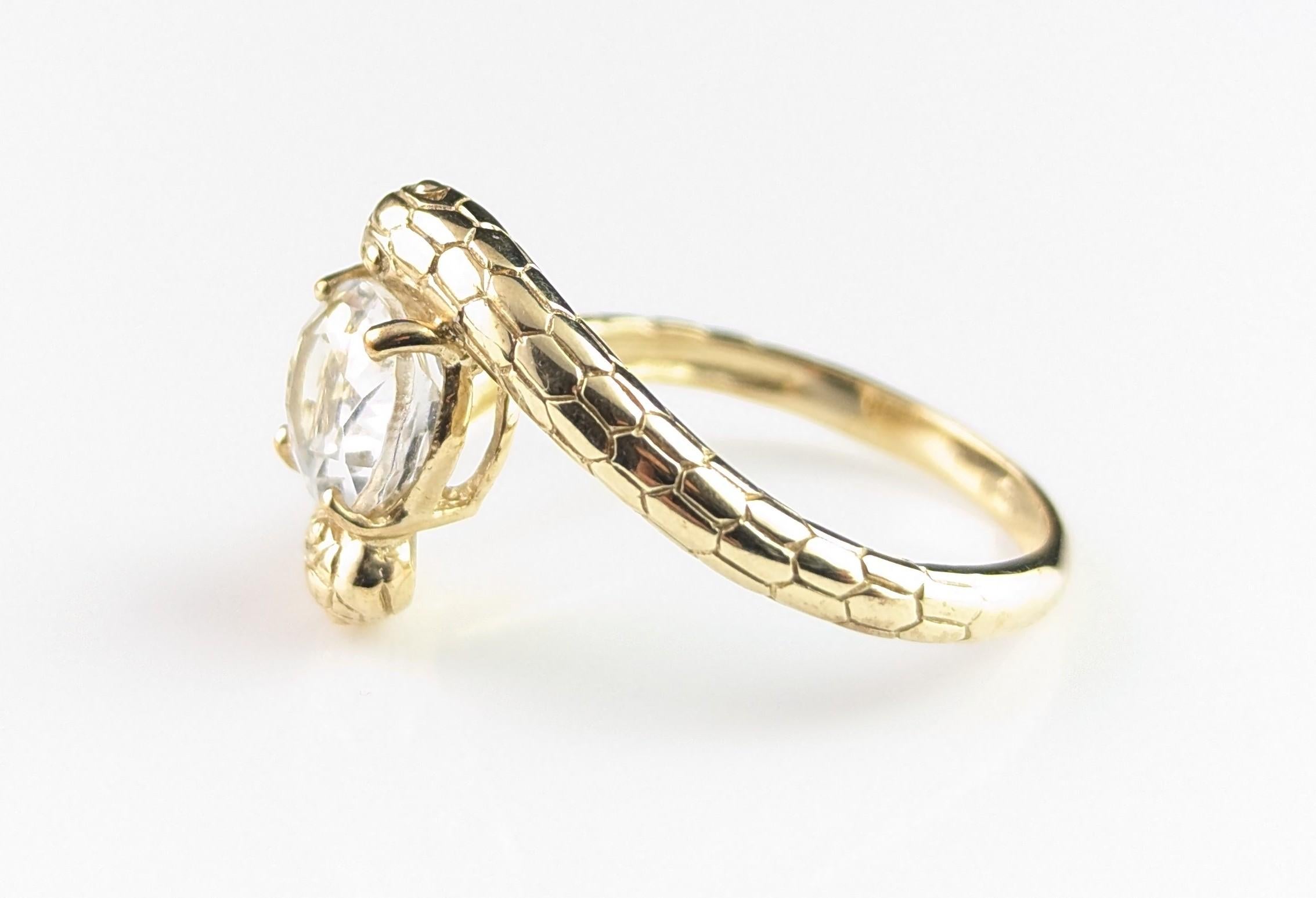 Vintage 9k gold double snake ring, Rock crystal 4
