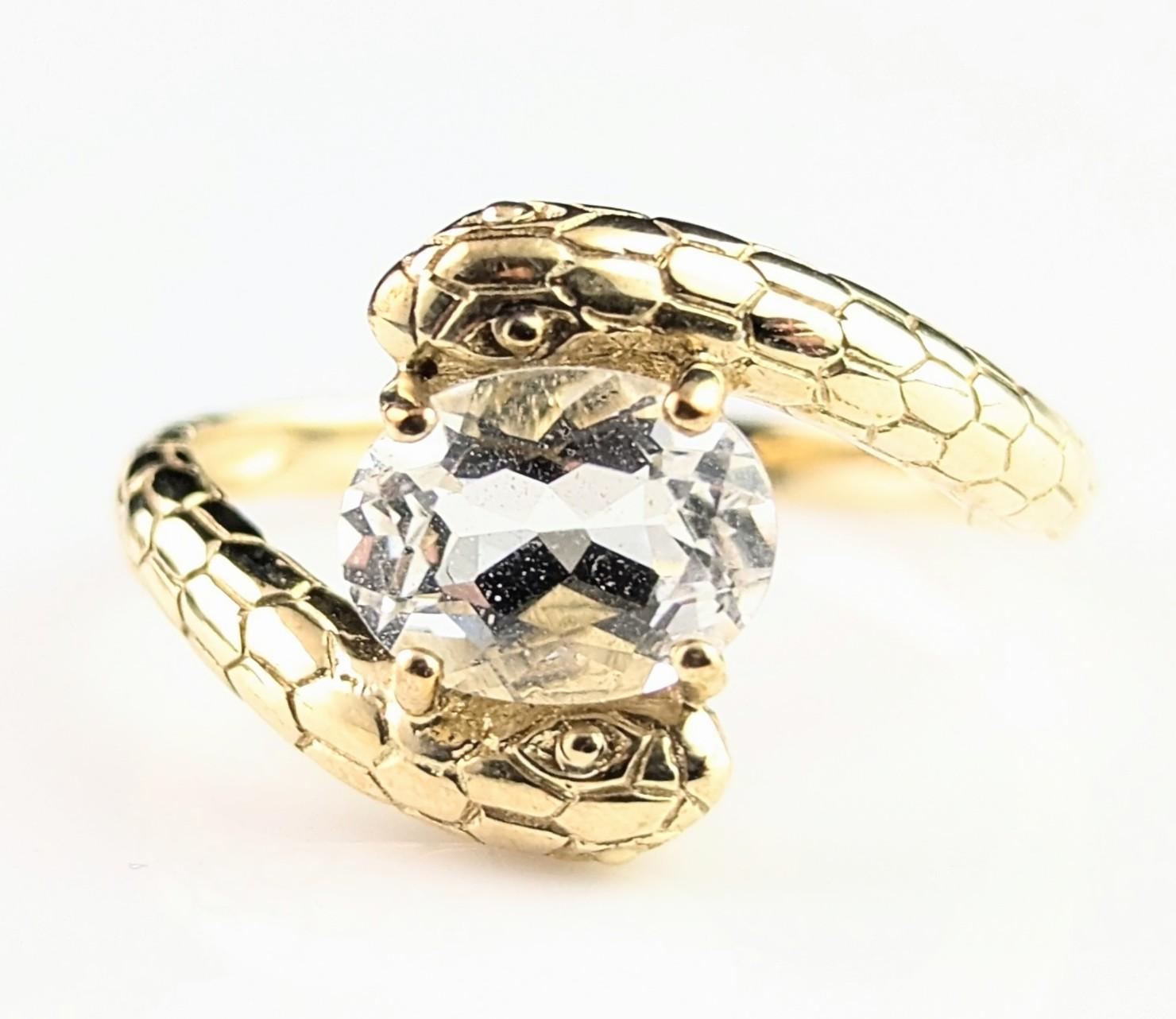 Vintage 9k gold double snake ring, Rock crystal 7