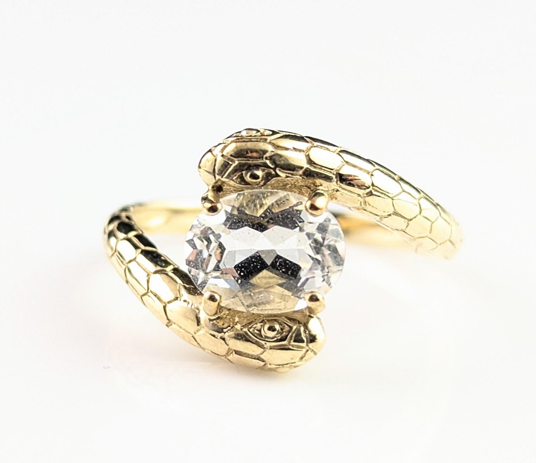 Vintage 9k gold double snake ring, Rock crystal 8