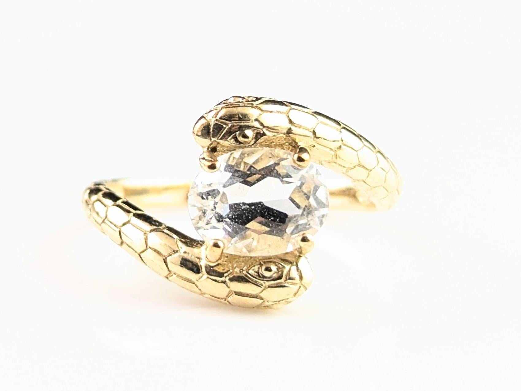 Vintage 9k gold double snake ring, Rock crystal 10