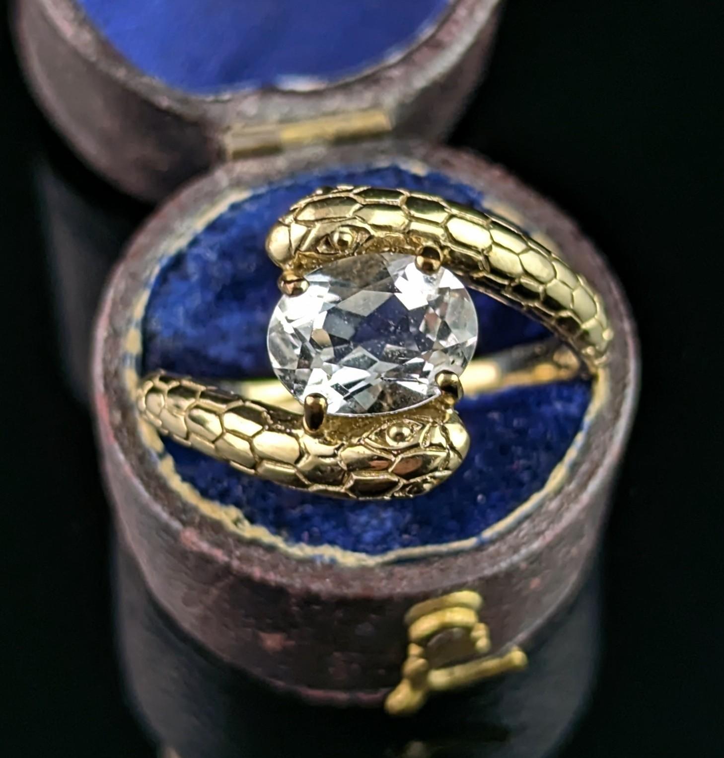 You can't help but be charmed by this awesome vintage double snake ring.

Coils of rich 9ct yellow gold form the bodies of these handsome intertwined snake friends, the heads are modelled at the face of the ring with the snakes both holding a crisp