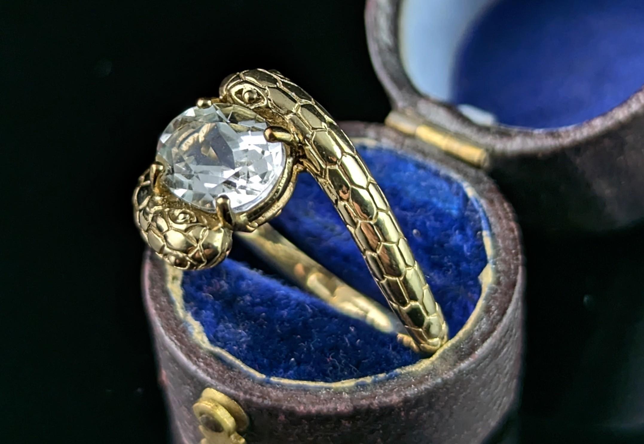 Retro Vintage 9k gold double snake ring, Rock crystal