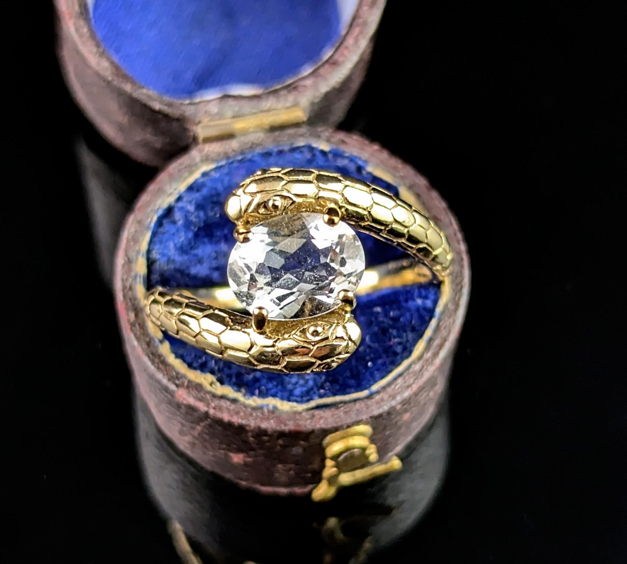 Oval Cut Vintage 9k gold double snake ring, Rock crystal