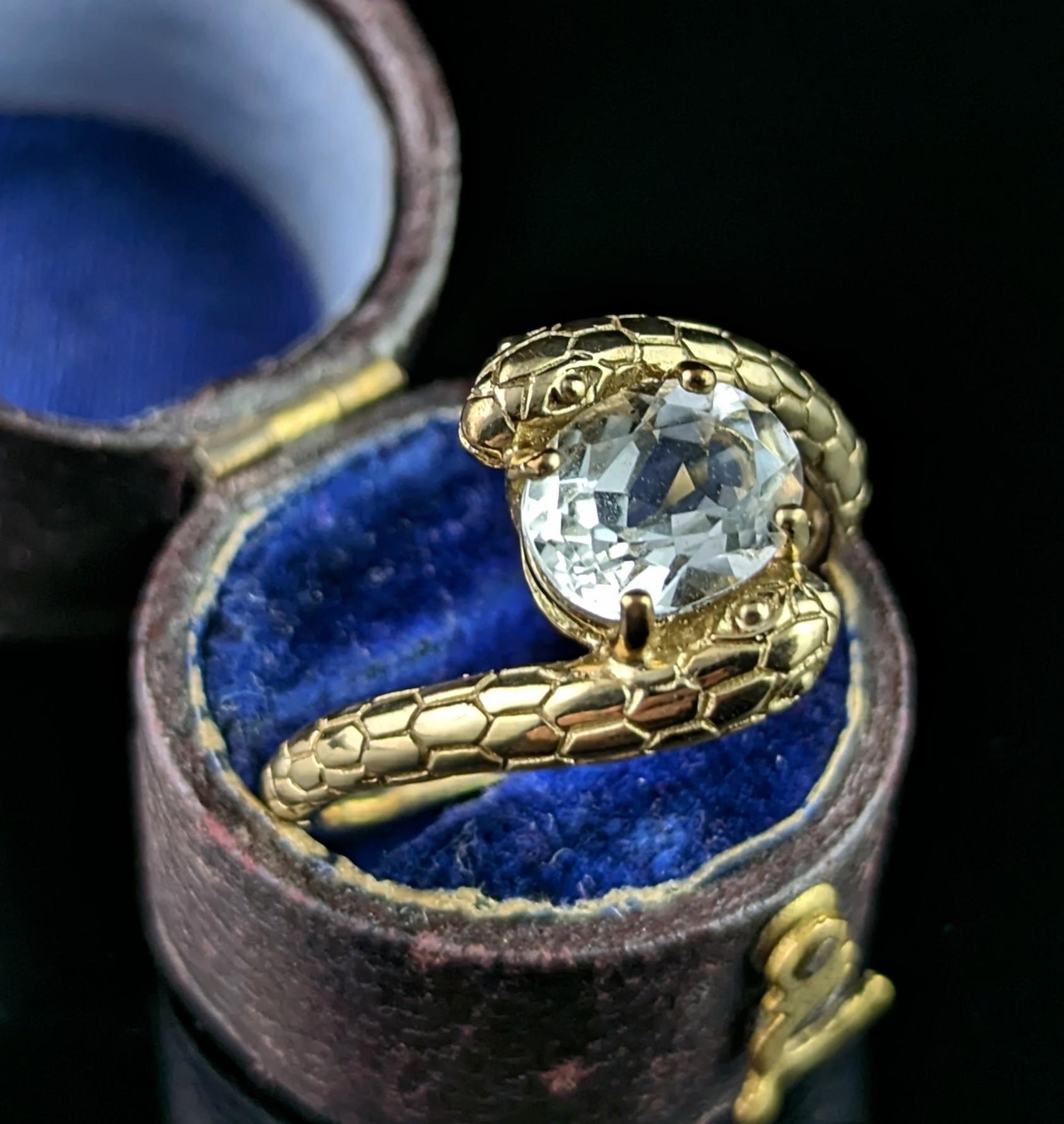 Vintage 9k gold double snake ring, Rock crystal In Good Condition In NEWARK, GB