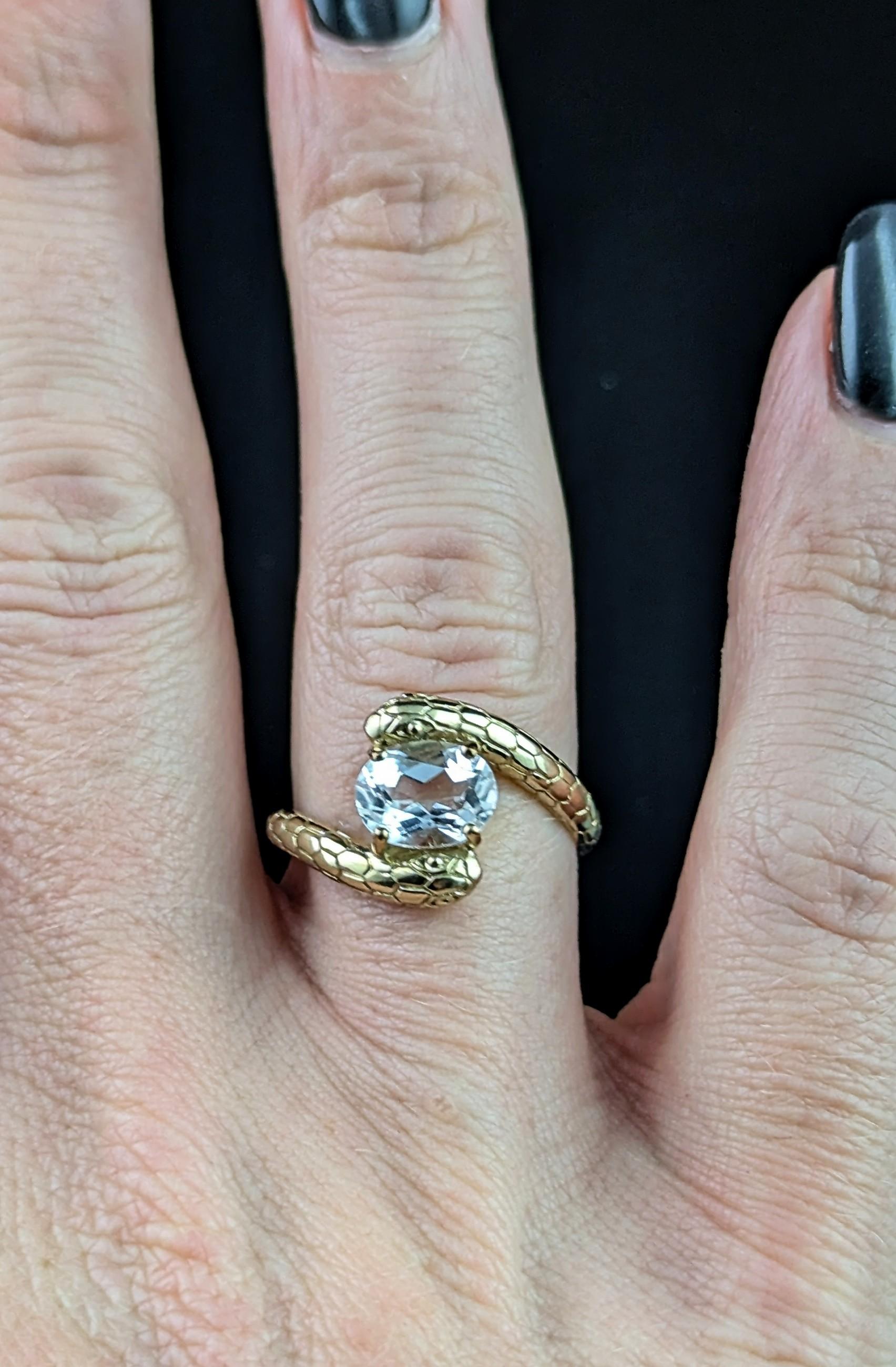 Women's or Men's Vintage 9k gold double snake ring, Rock crystal