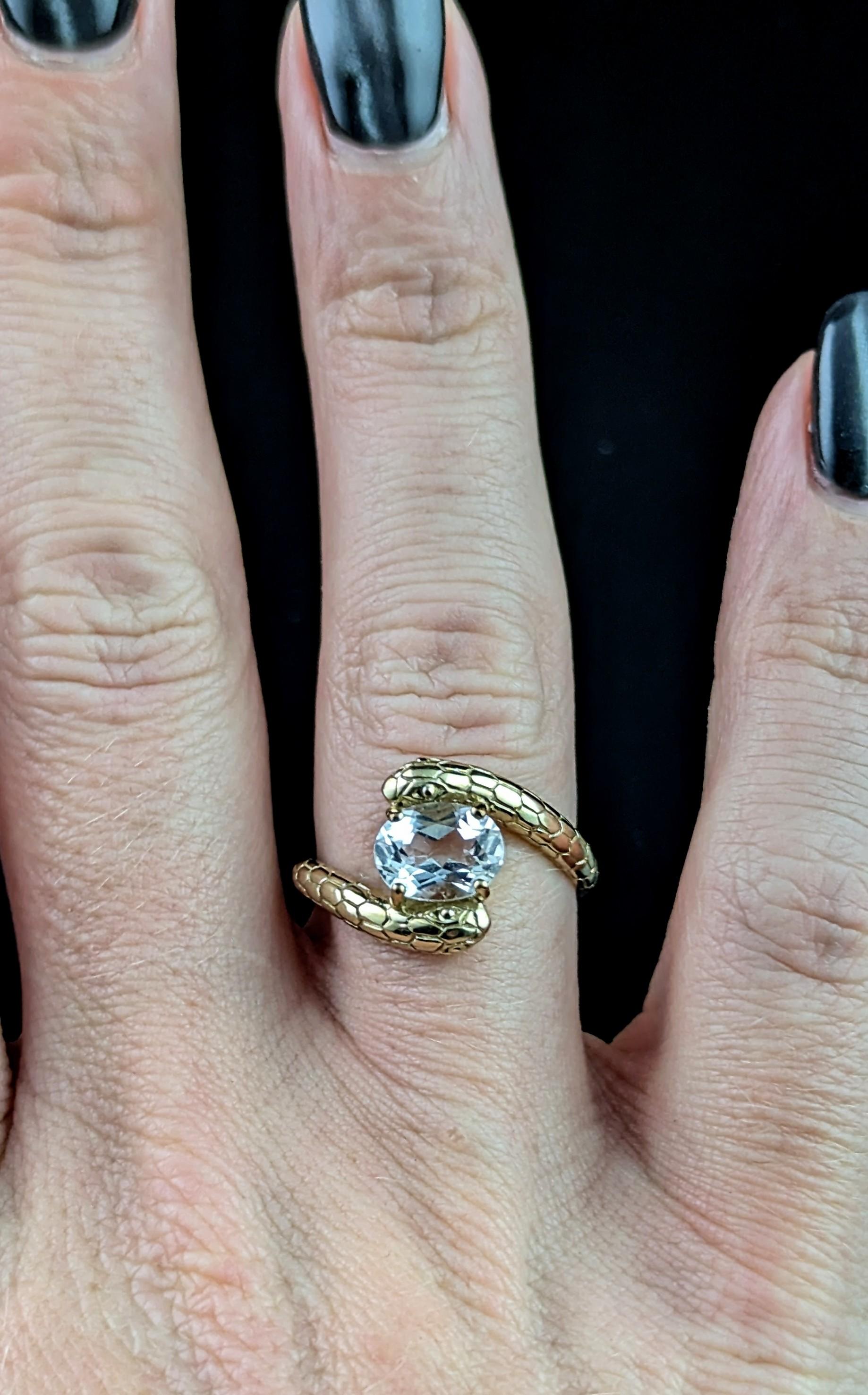 Vintage 9k gold double snake ring, Rock crystal 1
