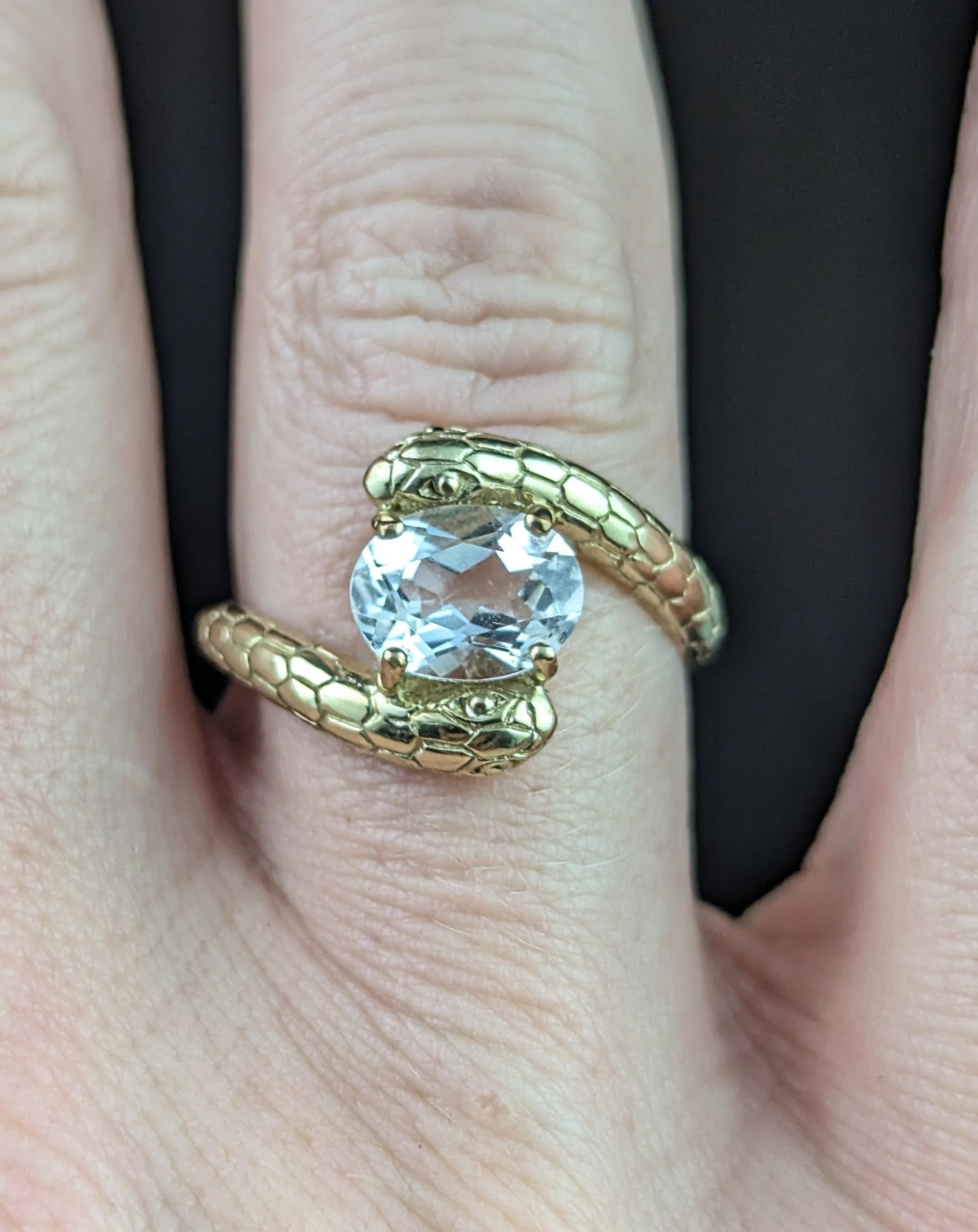 Vintage 9k gold double snake ring, Rock crystal 2