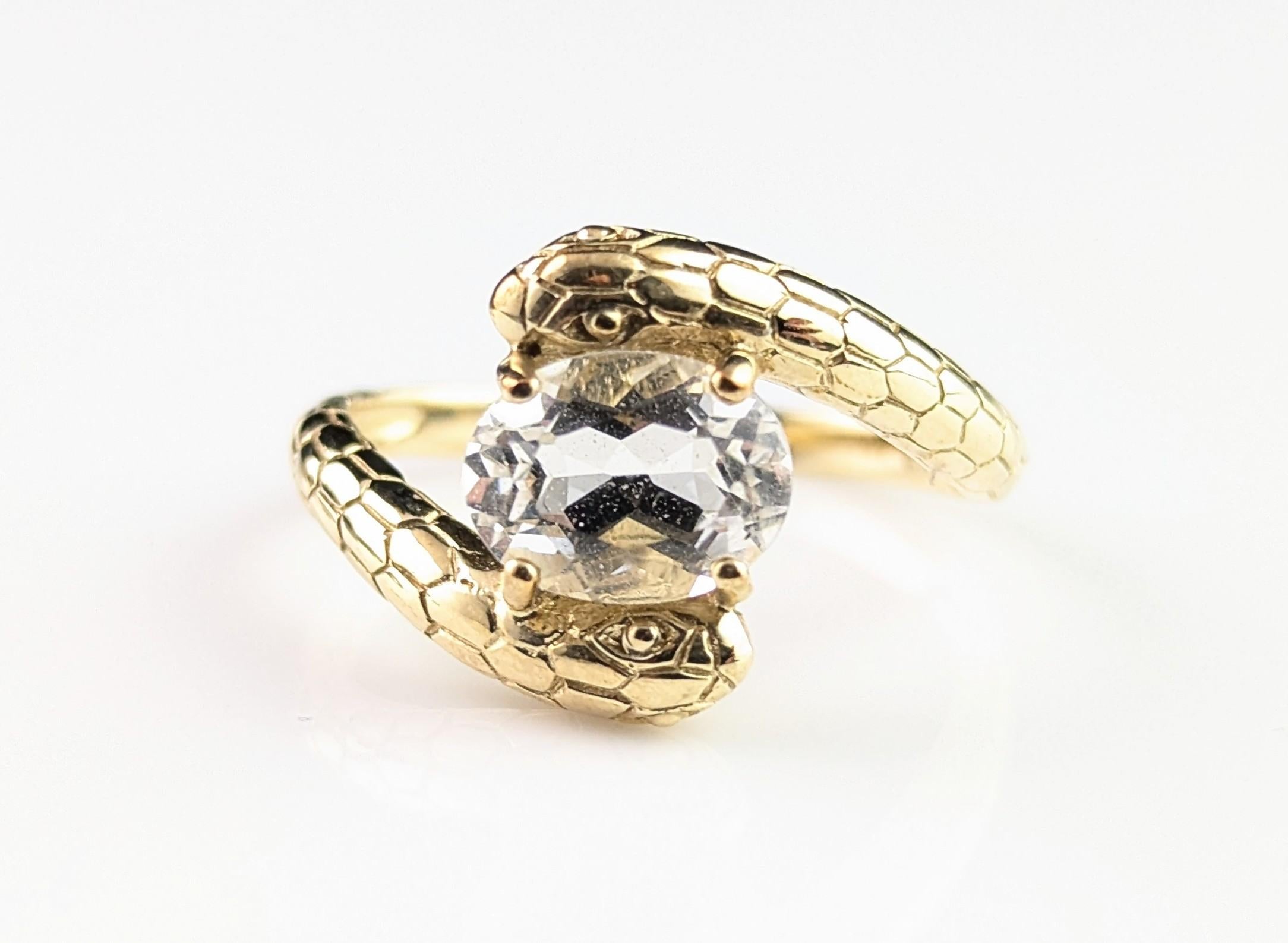 Vintage 9k gold double snake ring, Rock crystal 3