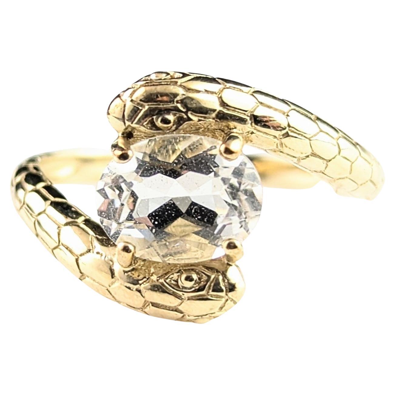 Vintage 9k gold double snake ring, Rock crystal