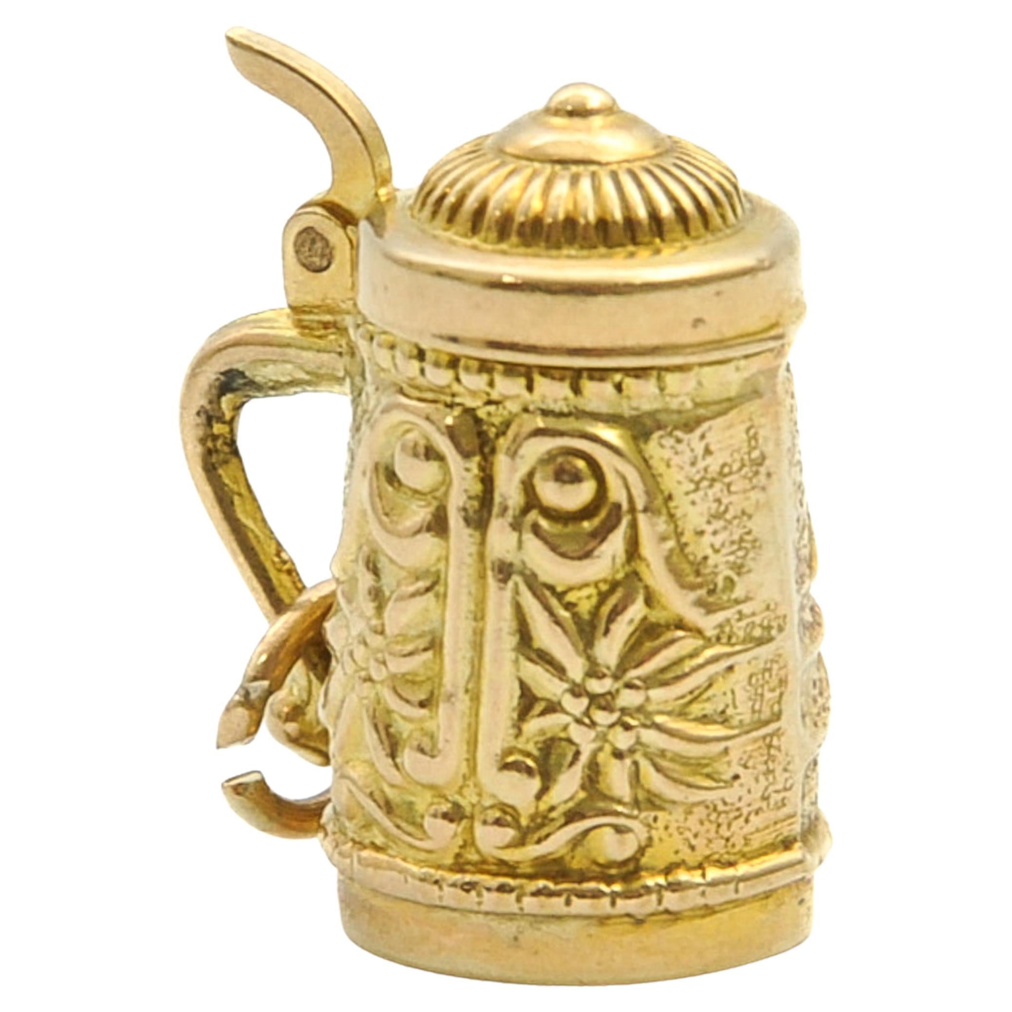 Vintage 9K Gold Engraved Edelweiss Beer Stein Mug Charm Pendant For Sale