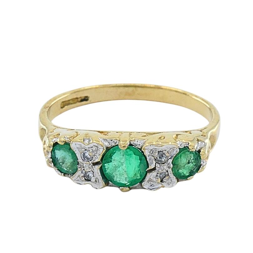 Donna Anello a tre pietre con smeraldo e diamante in oro 9k vintage in vendita