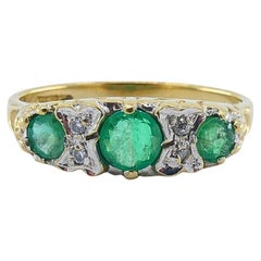 Vintage 9k Gold Emerald Diamond Three-Stone Ring