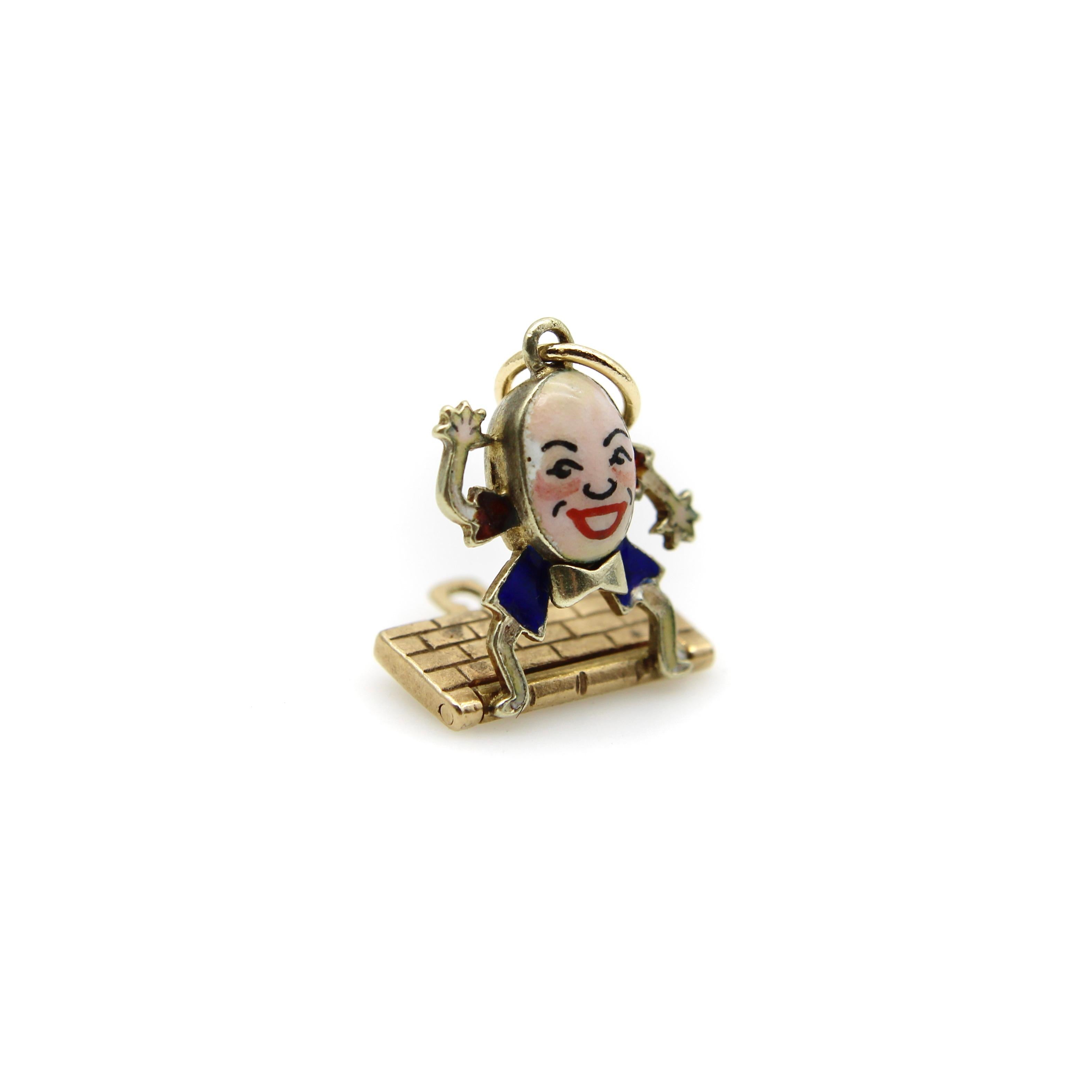 Women's or Men's Vintage 9K Gold Enamel Articulated Humpty Dumpty Charm or Pendant