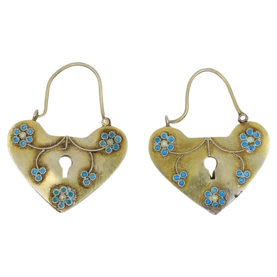 Vintage 9K Gold Enamel Heart Locket Earrings