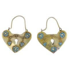 Vintage 9K Gold Enamel Heart Locket Earrings