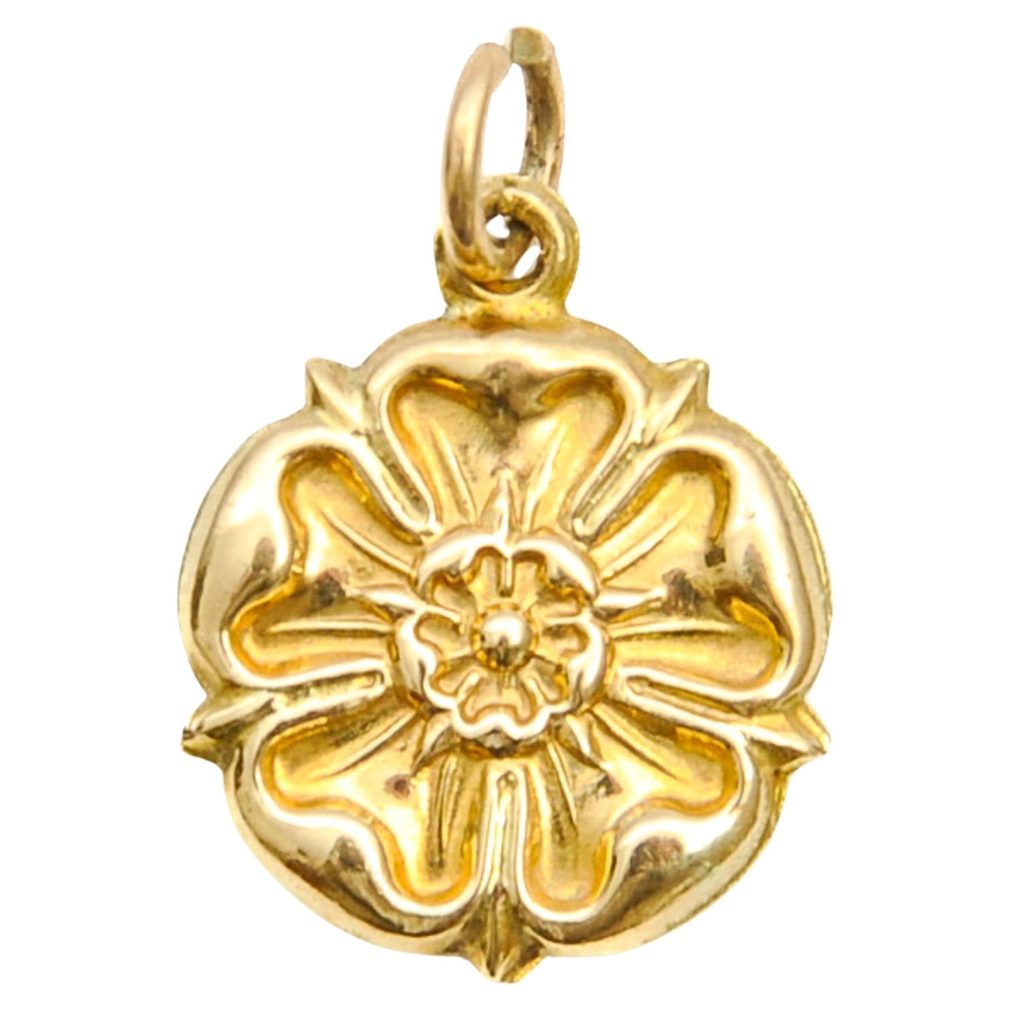 Vintage 9K Gold Tudor Rose Charm Pendant For Sale