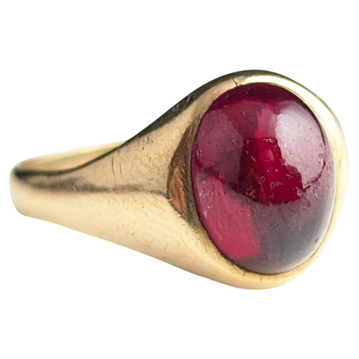 Vintage 9k gold Garnet signet ring, cabochon, Pinky ring, Art Deco