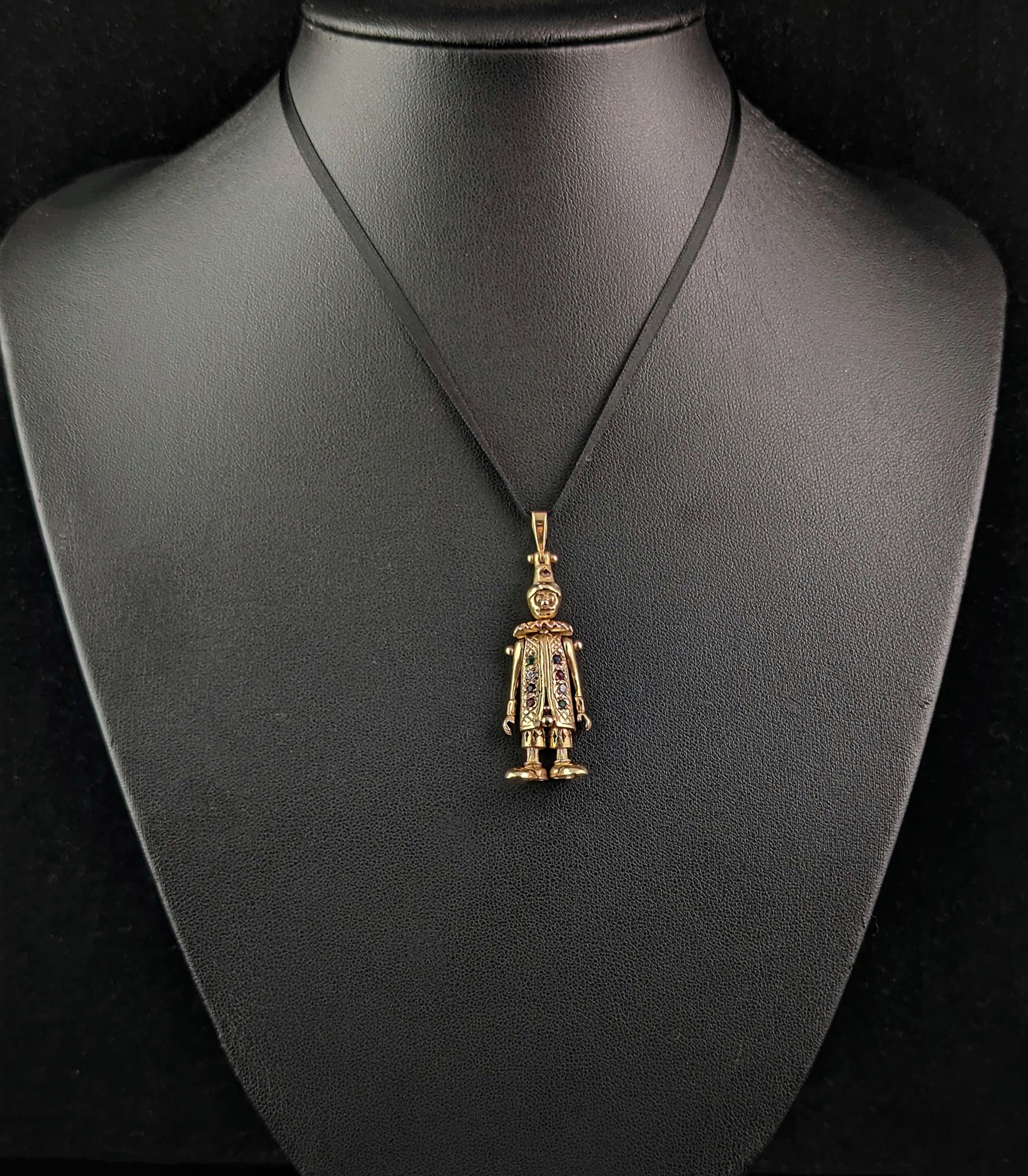 Women's or Men's Vintage 9k gold Gemstone clown pendant, Articulated  For Sale