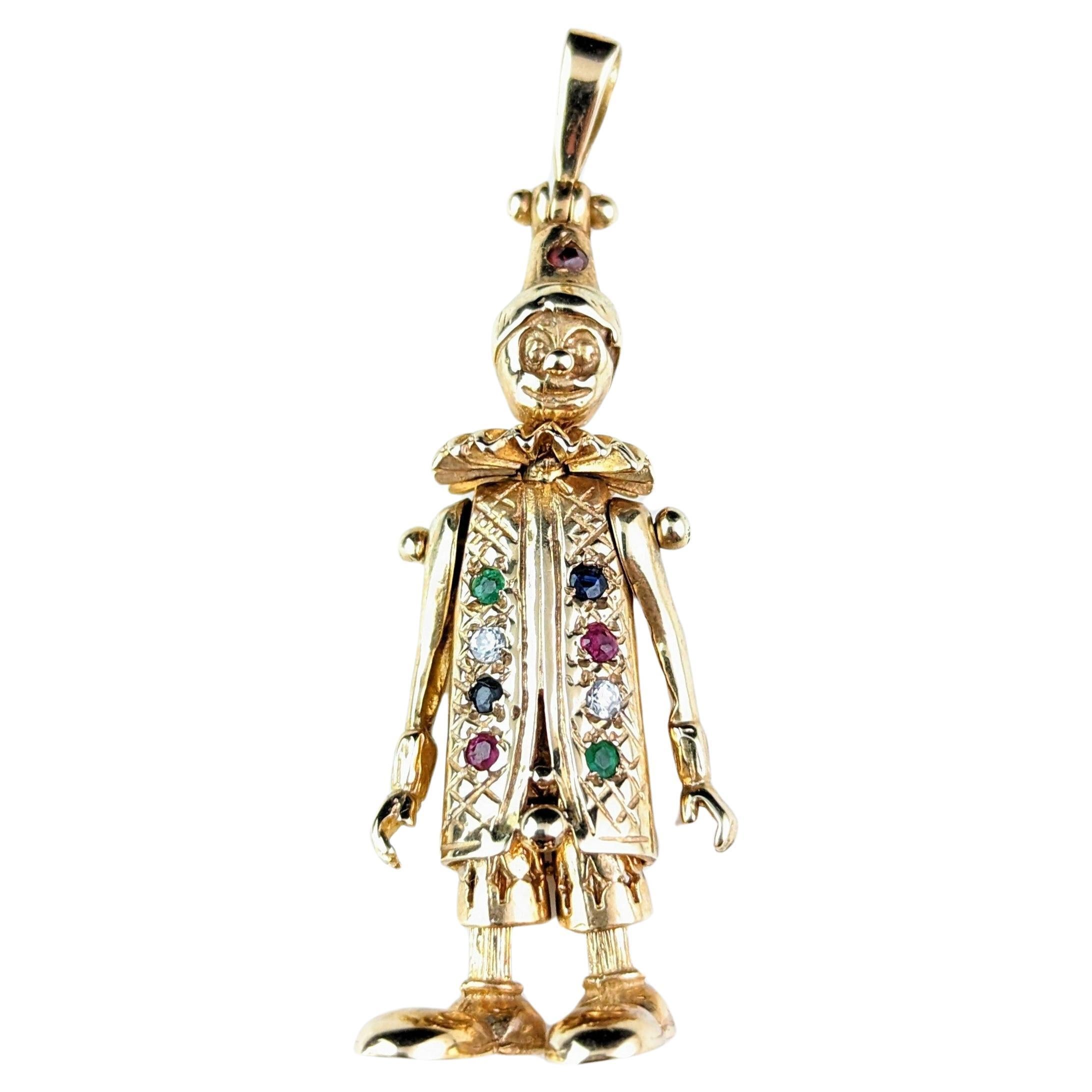 Vintage 9k gold Gemstone clown pendant, Articulated
