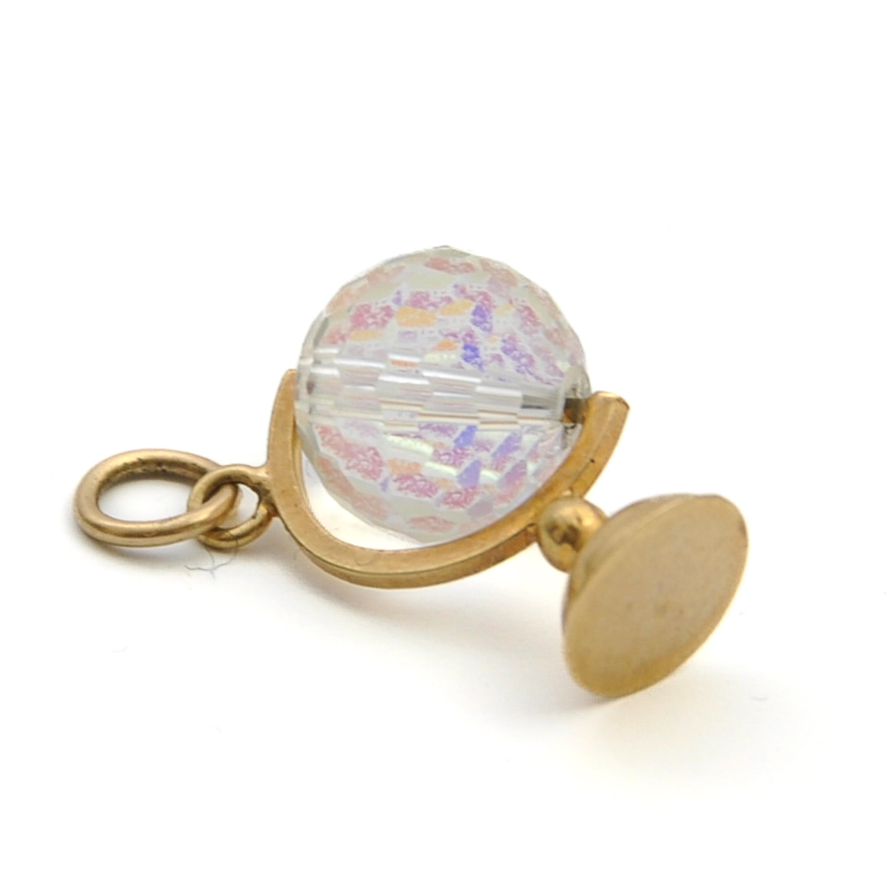 Women's or Men's Vintage 9K Gold Glass Globe Spinner Charm Pendant For Sale