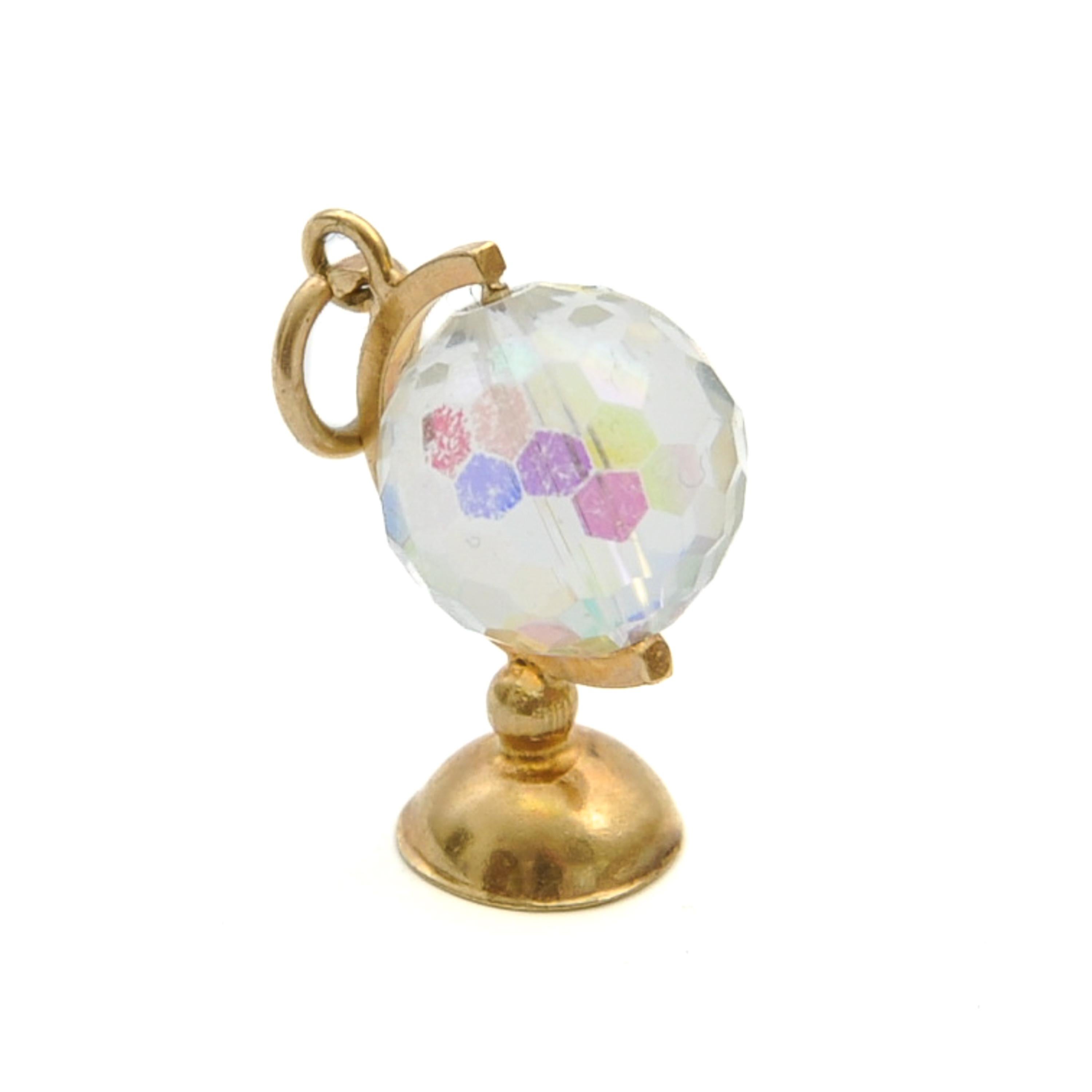 Vintage 9K Gold Glass Globe Spinner Charm Pendant For Sale 1
