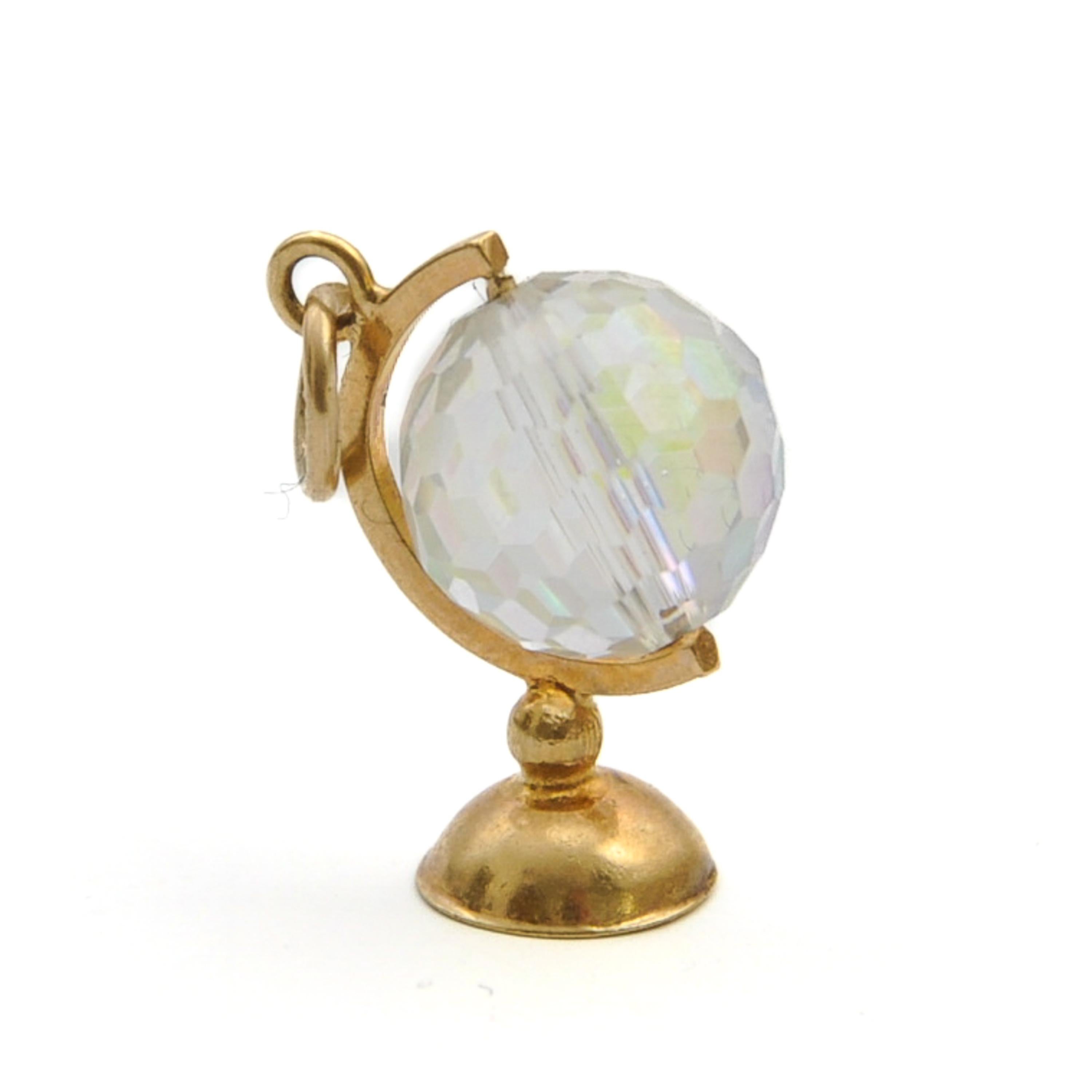 Vintage 9K Gold Glass Globe Spinner Charm Pendant For Sale 2