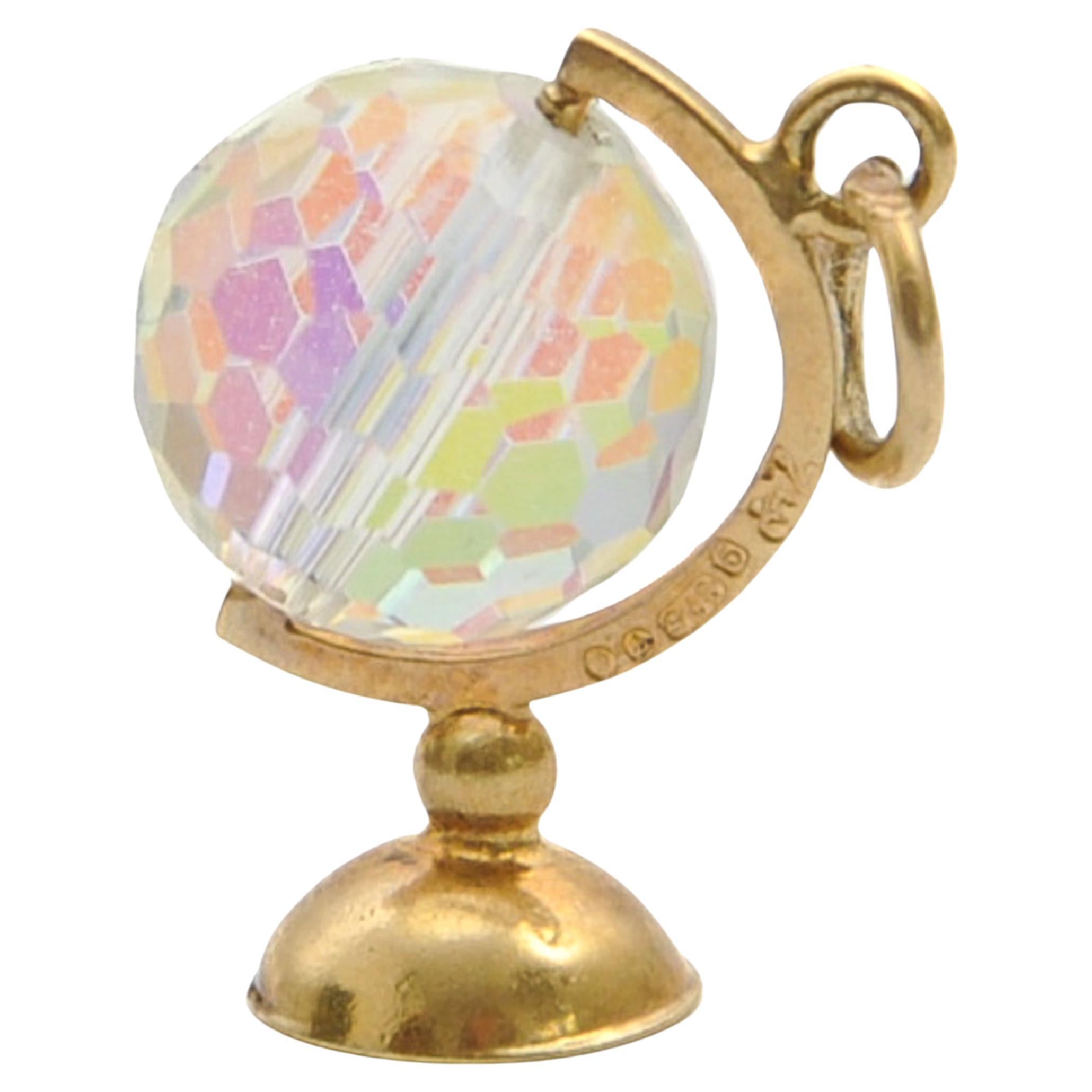 Vintage 9K Gold Glass Globe Spinner Charm Pendant For Sale