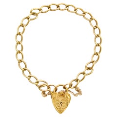 Retro 9K Gold Heart Padlock Curb Chain Charms Bracelet
