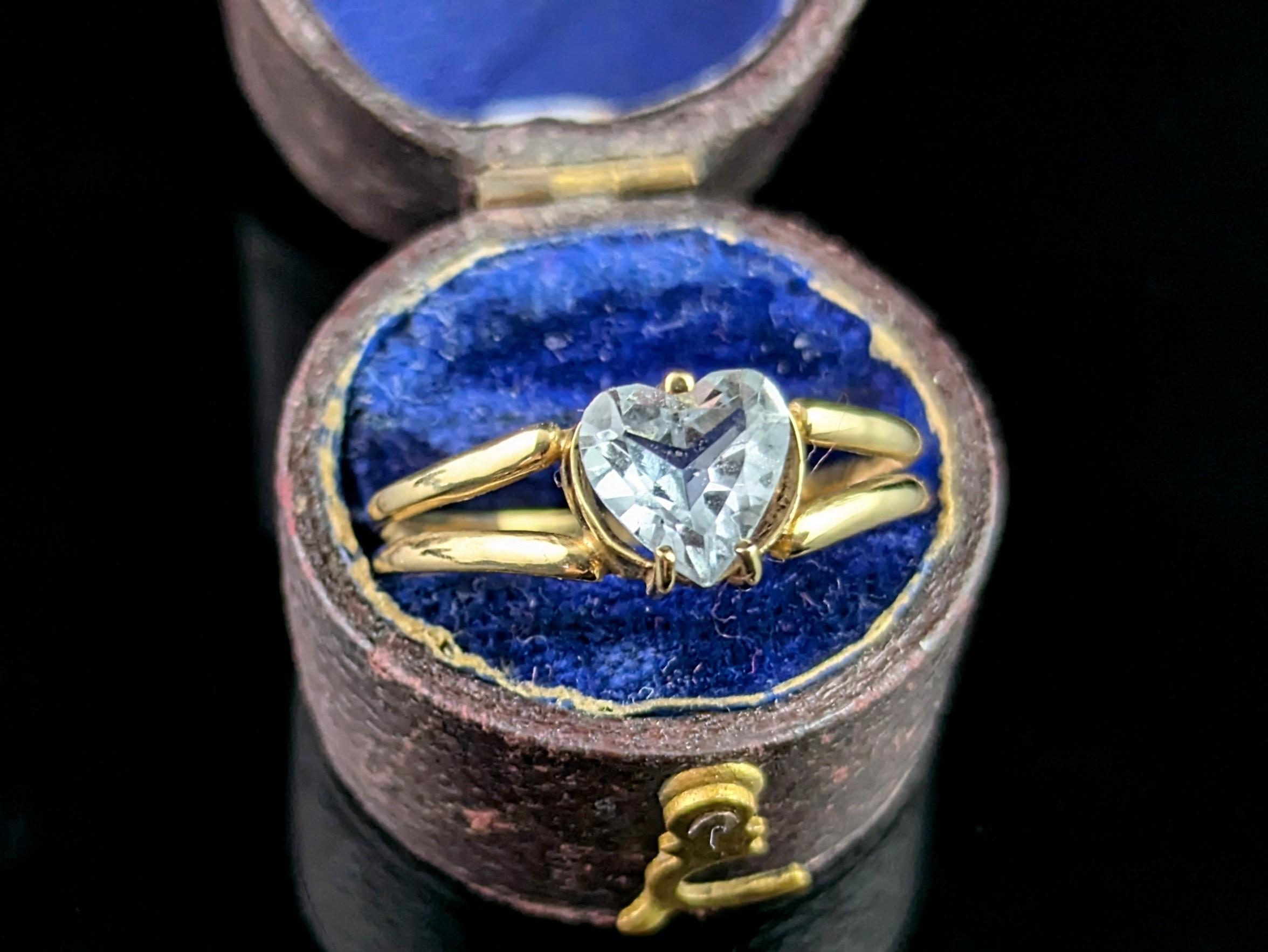 A pretty and romantic vintage paste heart ring.

Crafted from rich 9ct yellow gold, it has a smooth gold band and split bifurcated shoulders.

The paste is a lovely light blue colour, heart cut and is claw set to the centre.

This would make an
