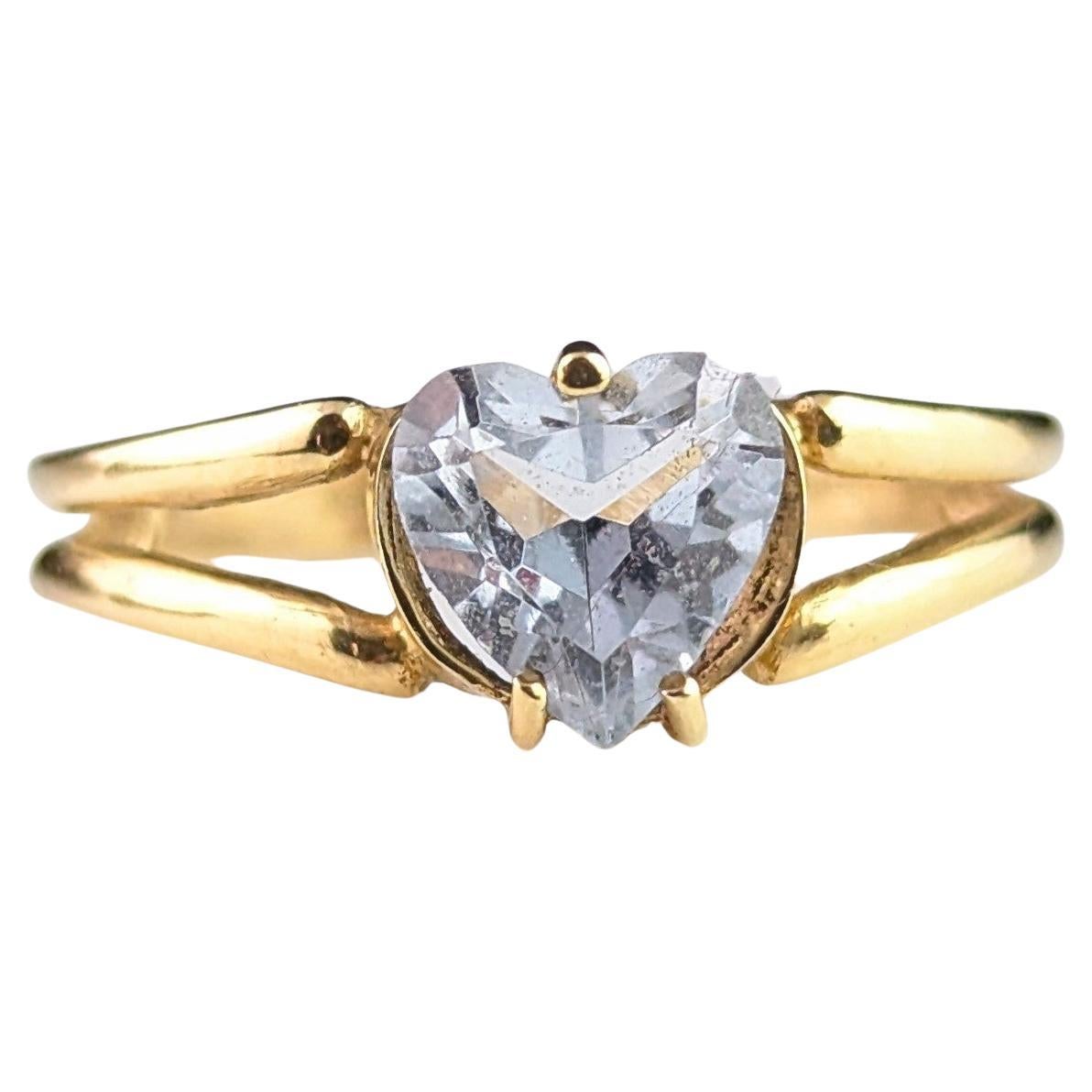 Vintage 9k gold heart ring, blue paste