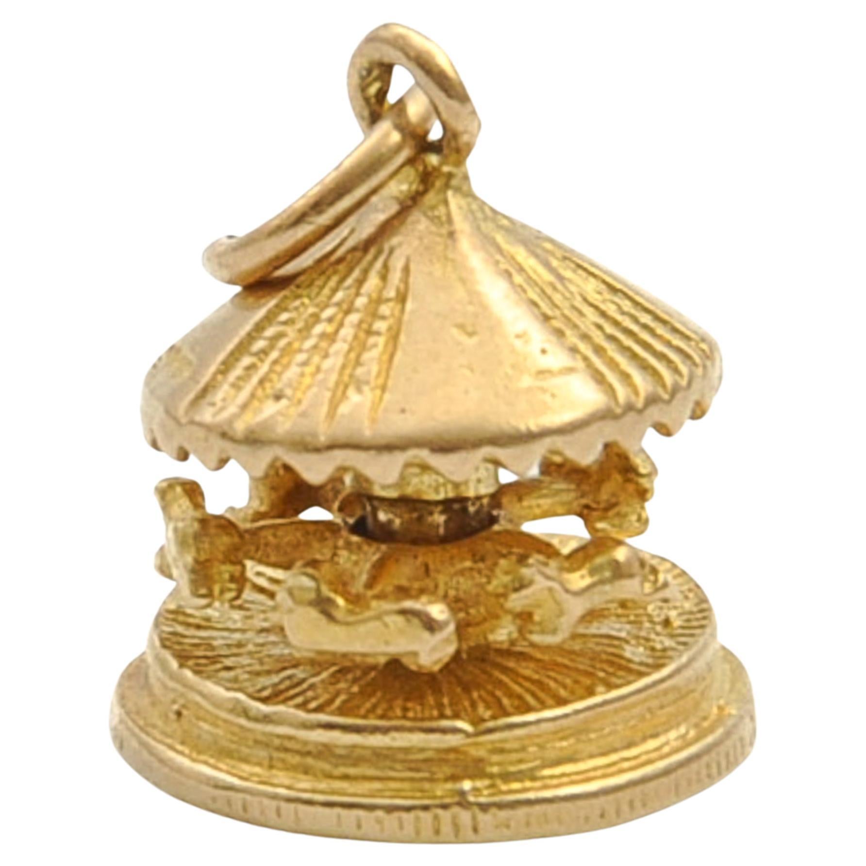 Vintage 9K Gold Spinning Horse Carousel Charm Pendant For Sale