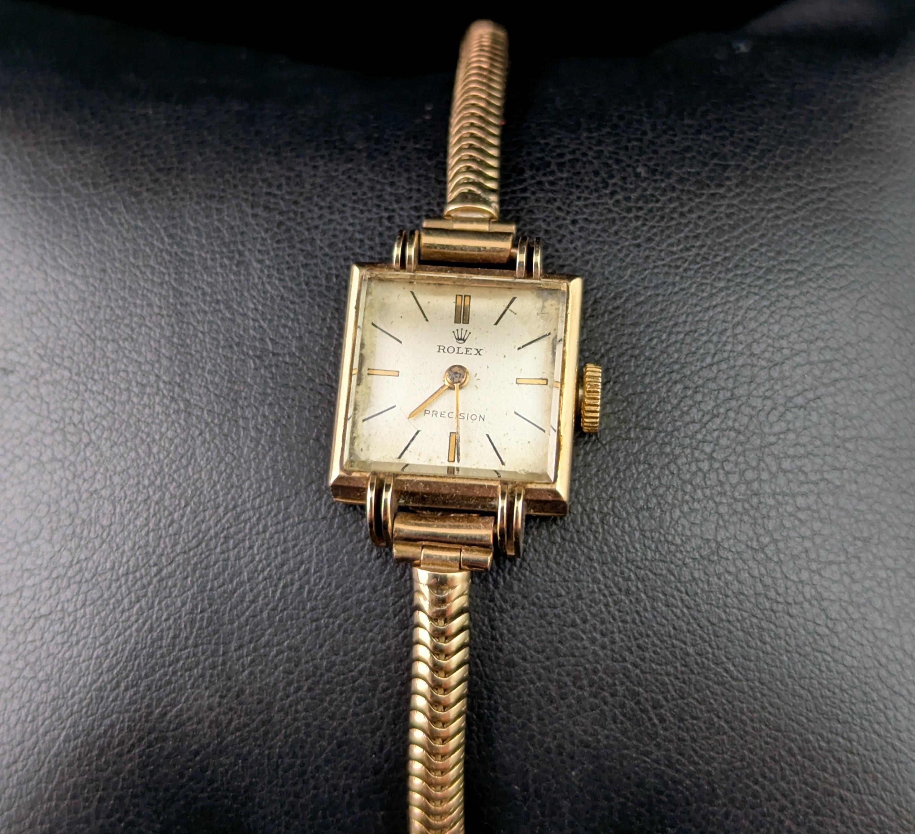 Vintage 9k gold Ladies Rolex precision wristwatch, snake link bracelet strap 5