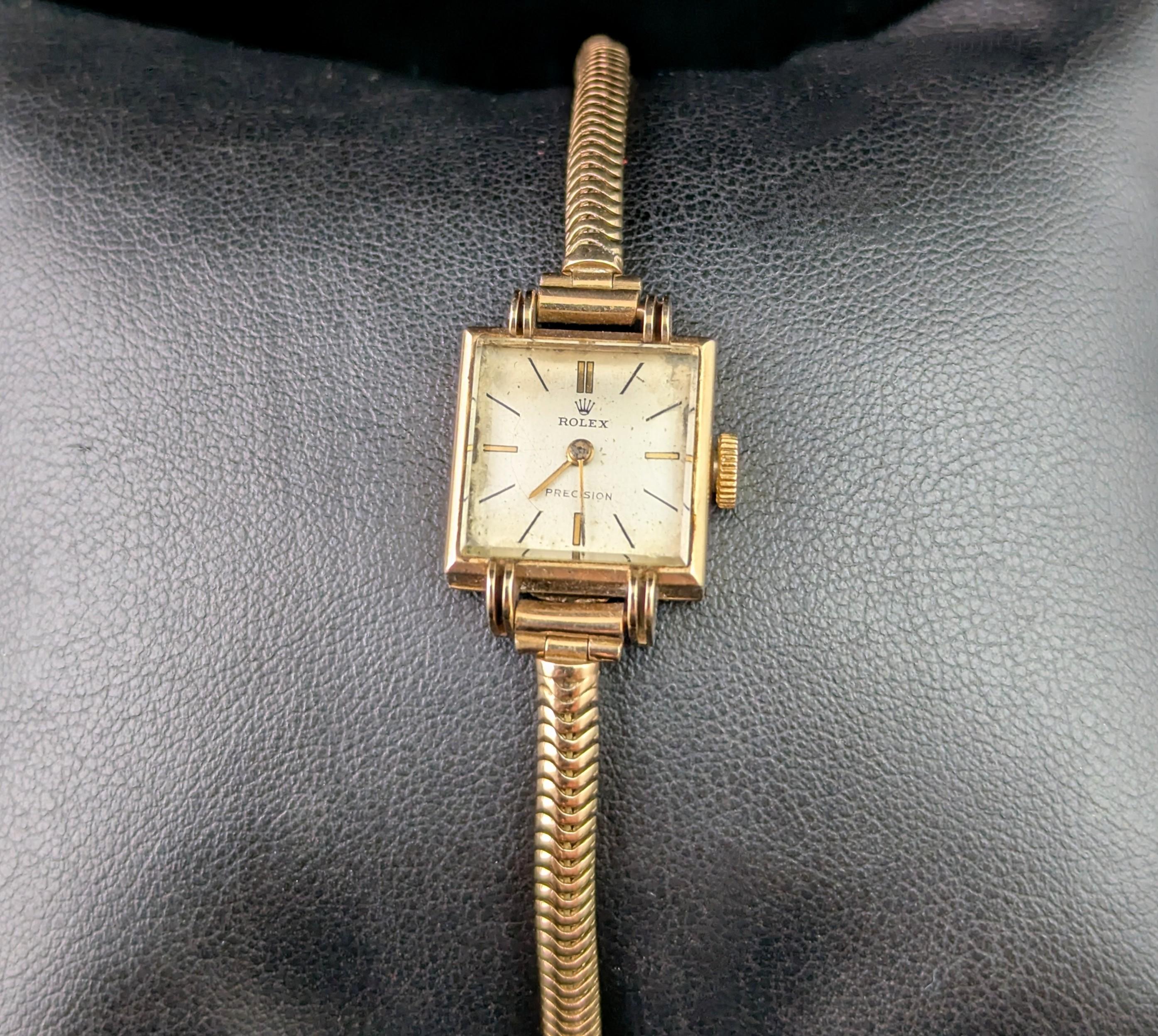 Retro Vintage 9k gold Ladies Rolex precision wristwatch, snake link bracelet strap