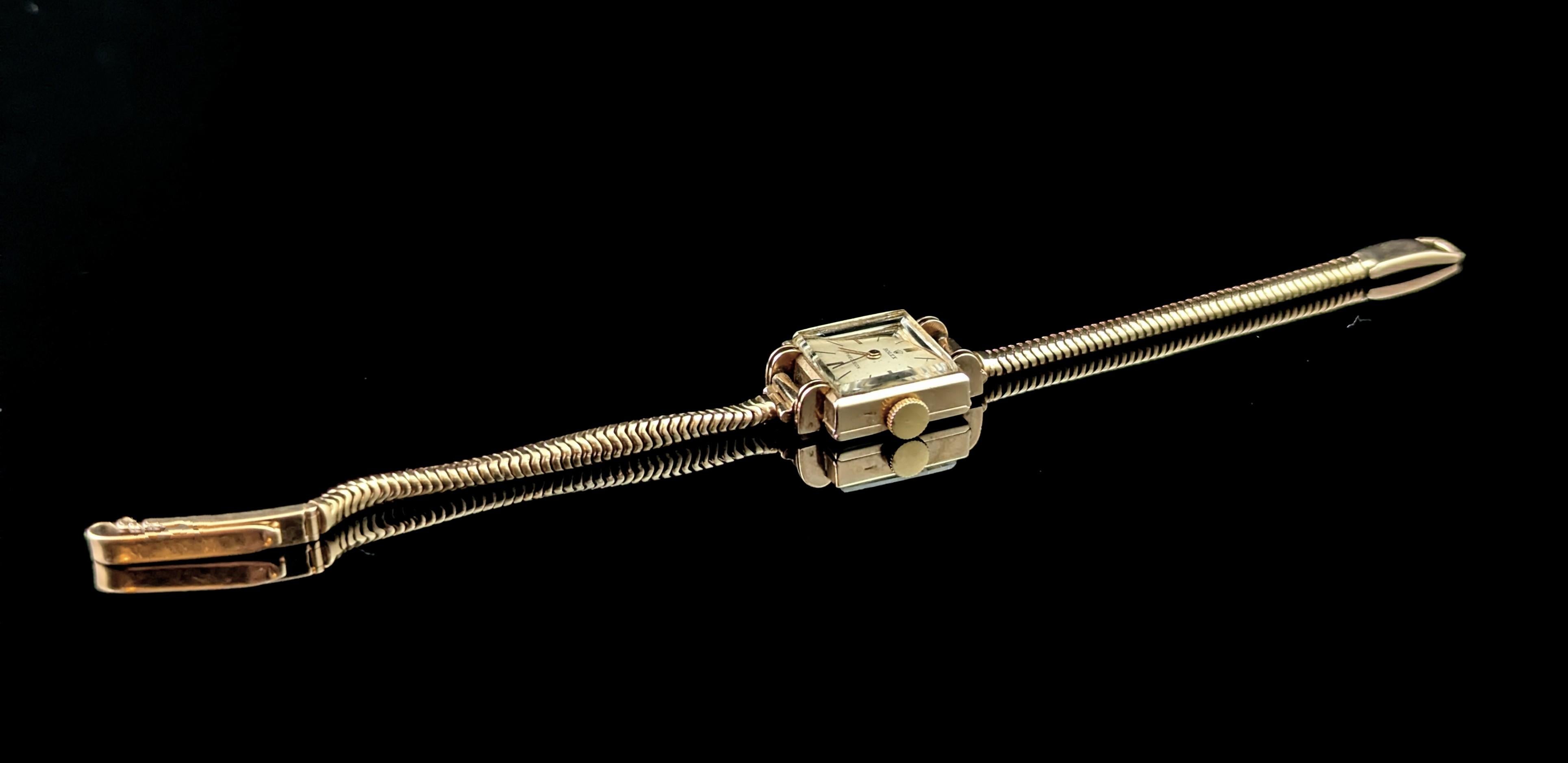 Women's Vintage 9k gold Ladies Rolex precision wristwatch, snake link bracelet strap