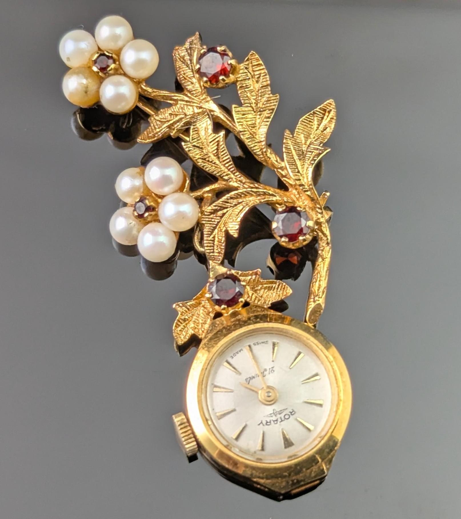 Vintage 9k gold Ladies Rotary pendant watch, floral, Garnet and Pearl brooch For Sale 4