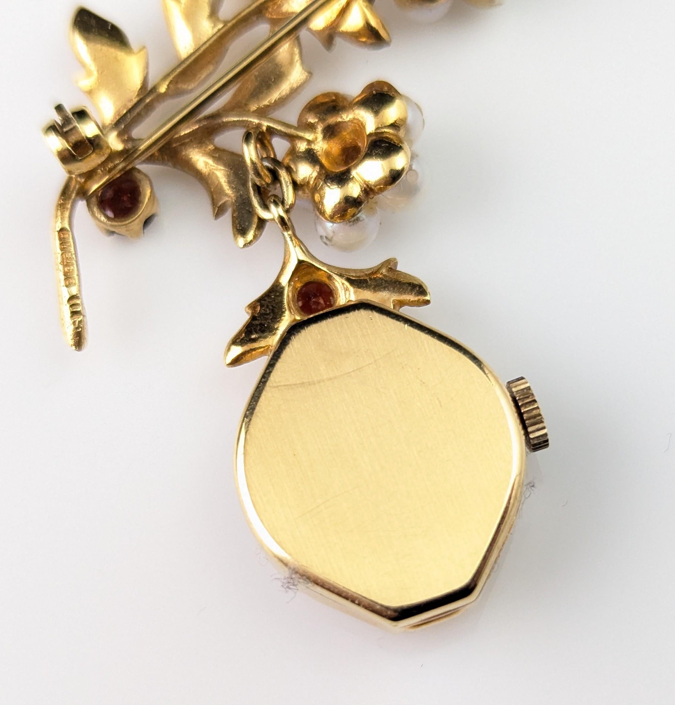 Vintage 9k gold Ladies Rotary pendant watch, floral, Garnet and Pearl brooch For Sale 5