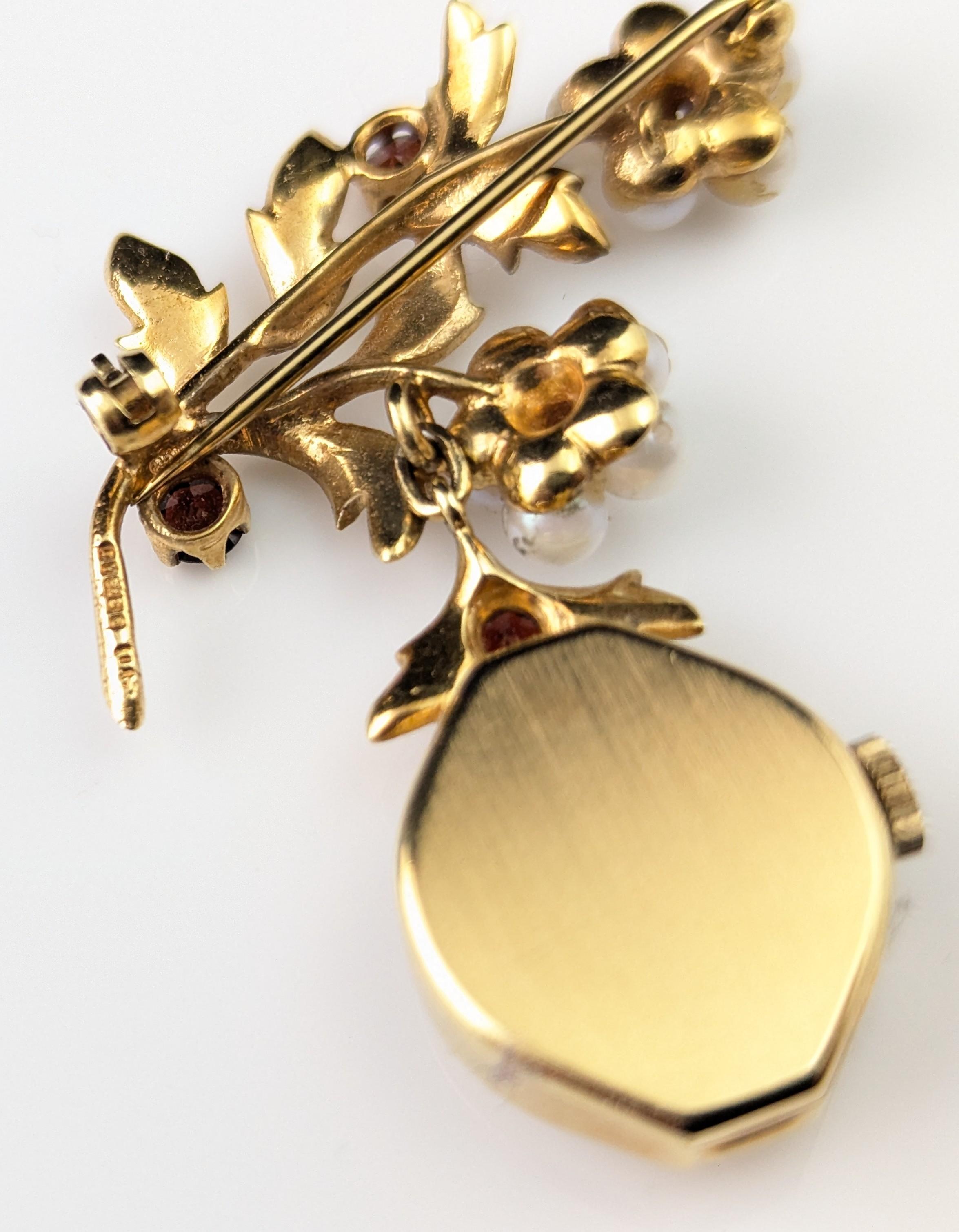 Vintage 9k gold Ladies Rotary pendant watch, floral, Garnet and Pearl brooch For Sale 6