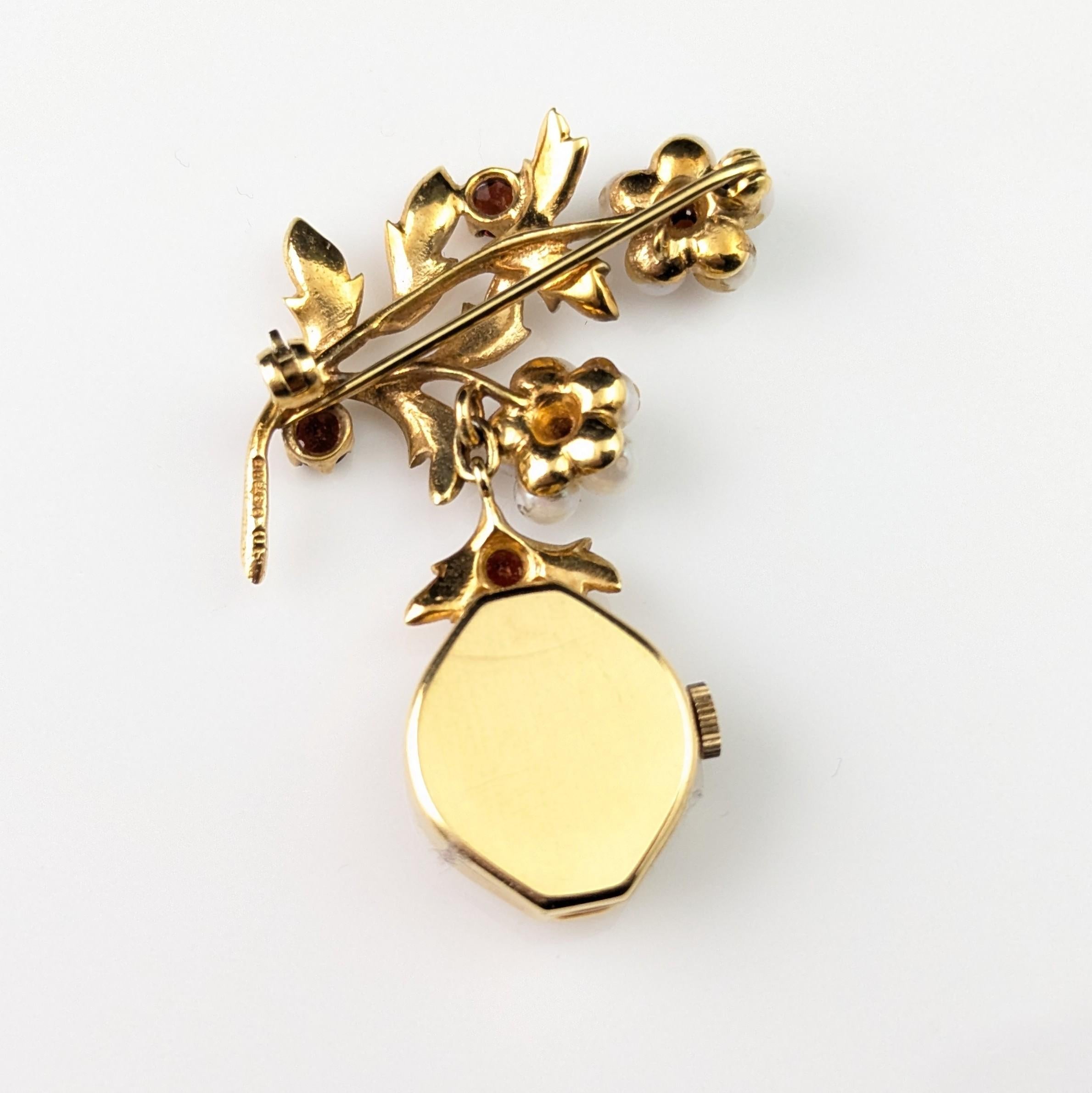Vintage 9k gold Ladies Rotary pendant watch, floral, Garnet and Pearl brooch For Sale 7