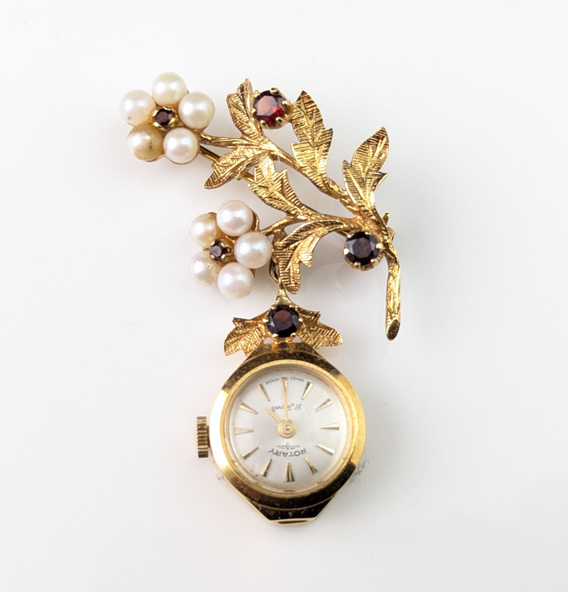Vintage 9k gold Ladies Rotary pendant watch, floral, Garnet and Pearl brooch For Sale 8