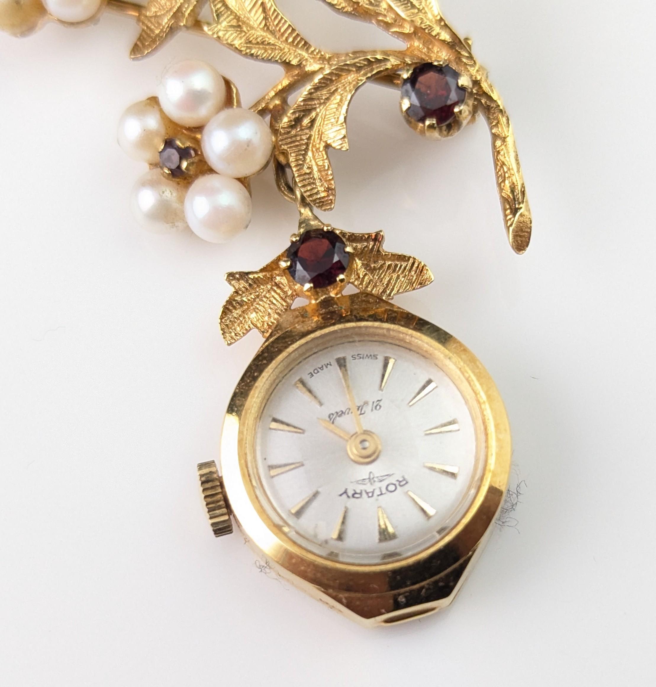 Vintage 9k gold Ladies Rotary pendant watch, floral, Garnet and Pearl brooch For Sale 9