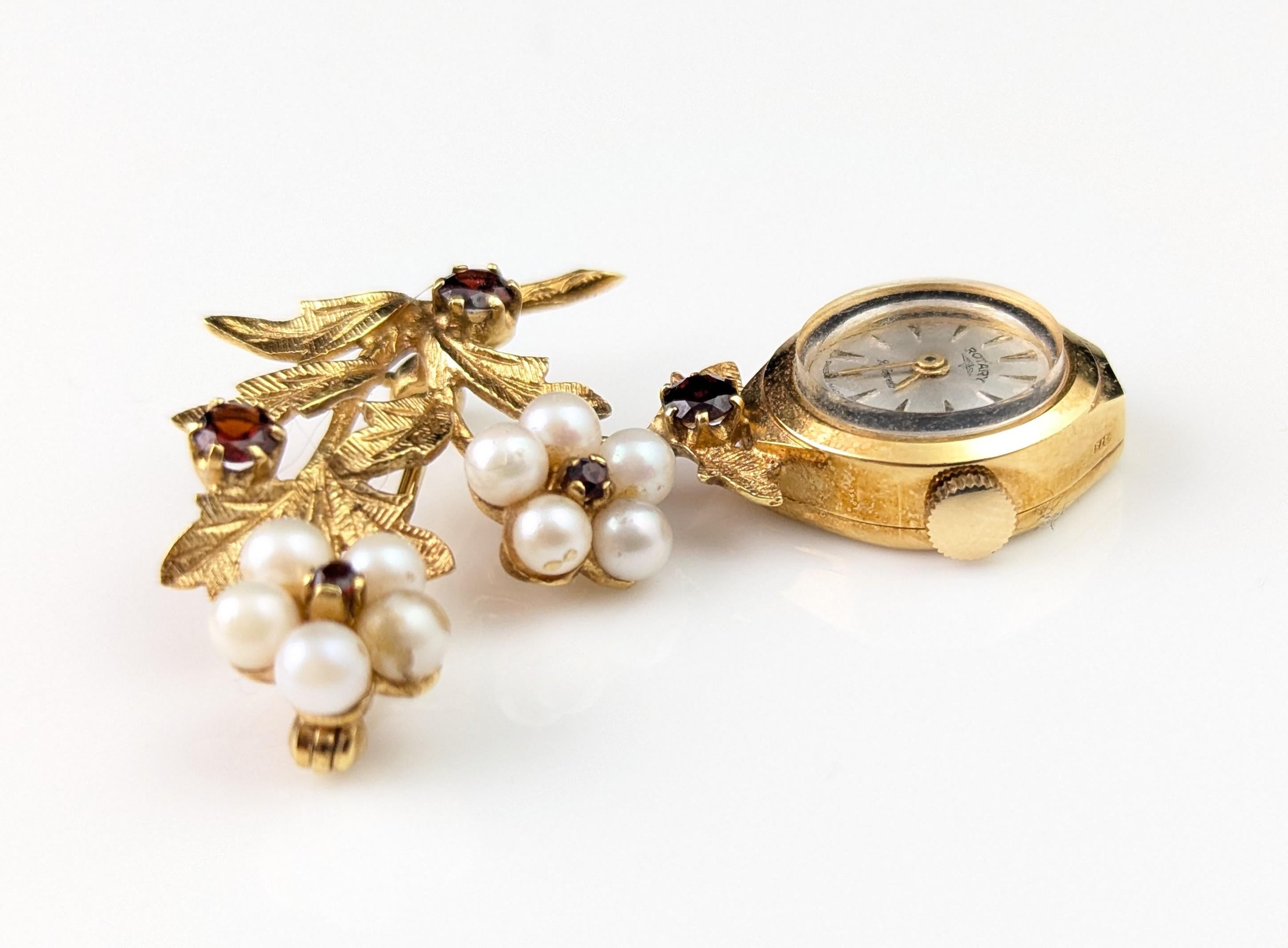 Vintage 9k gold Ladies Rotary pendant watch, floral, Garnet and Pearl brooch For Sale 10