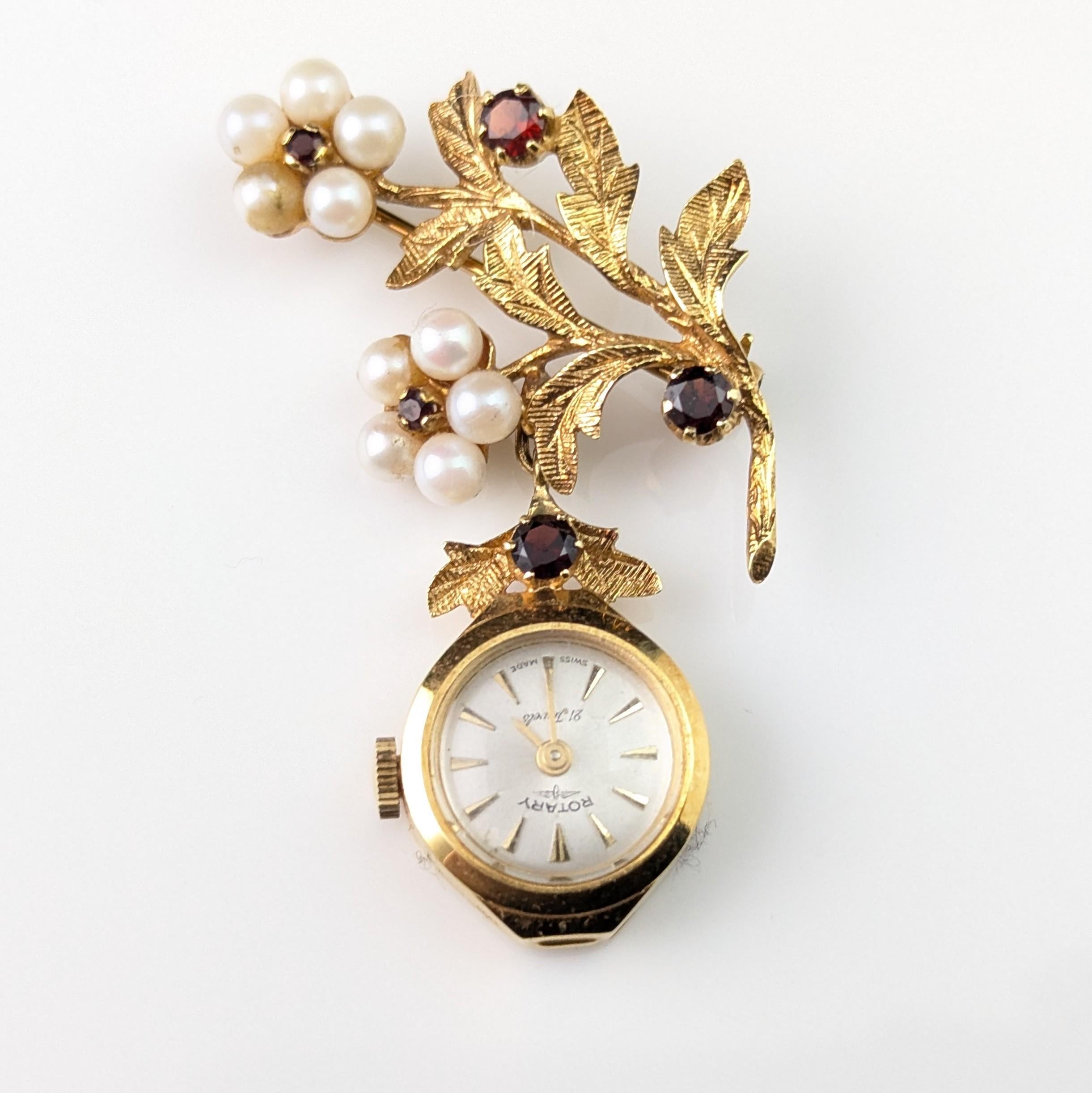 Vintage 9k gold Ladies Rotary pendant watch, floral, Garnet and Pearl brooch For Sale 11