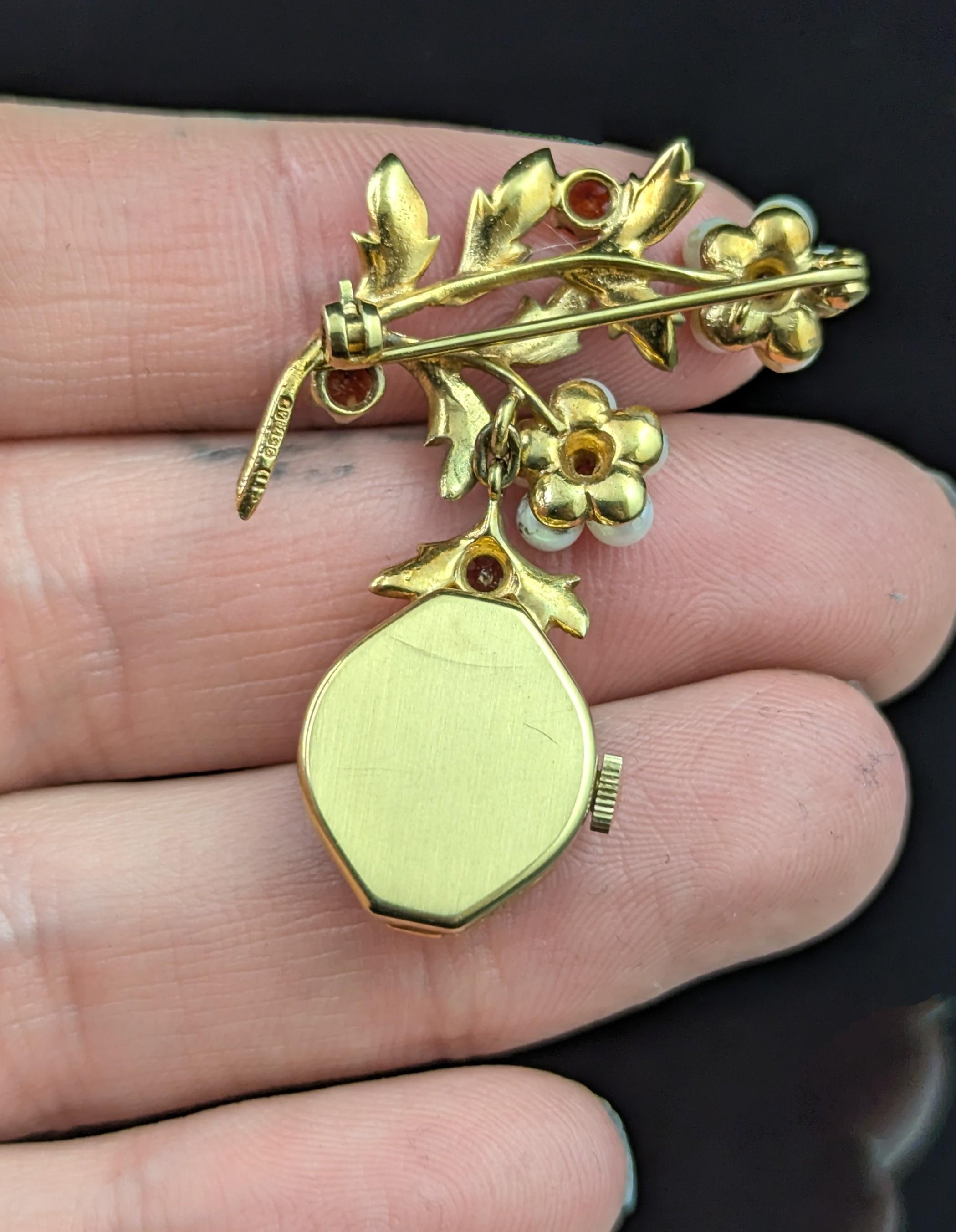 Retro Vintage 9k gold Ladies Rotary pendant watch, floral, Garnet and Pearl brooch For Sale
